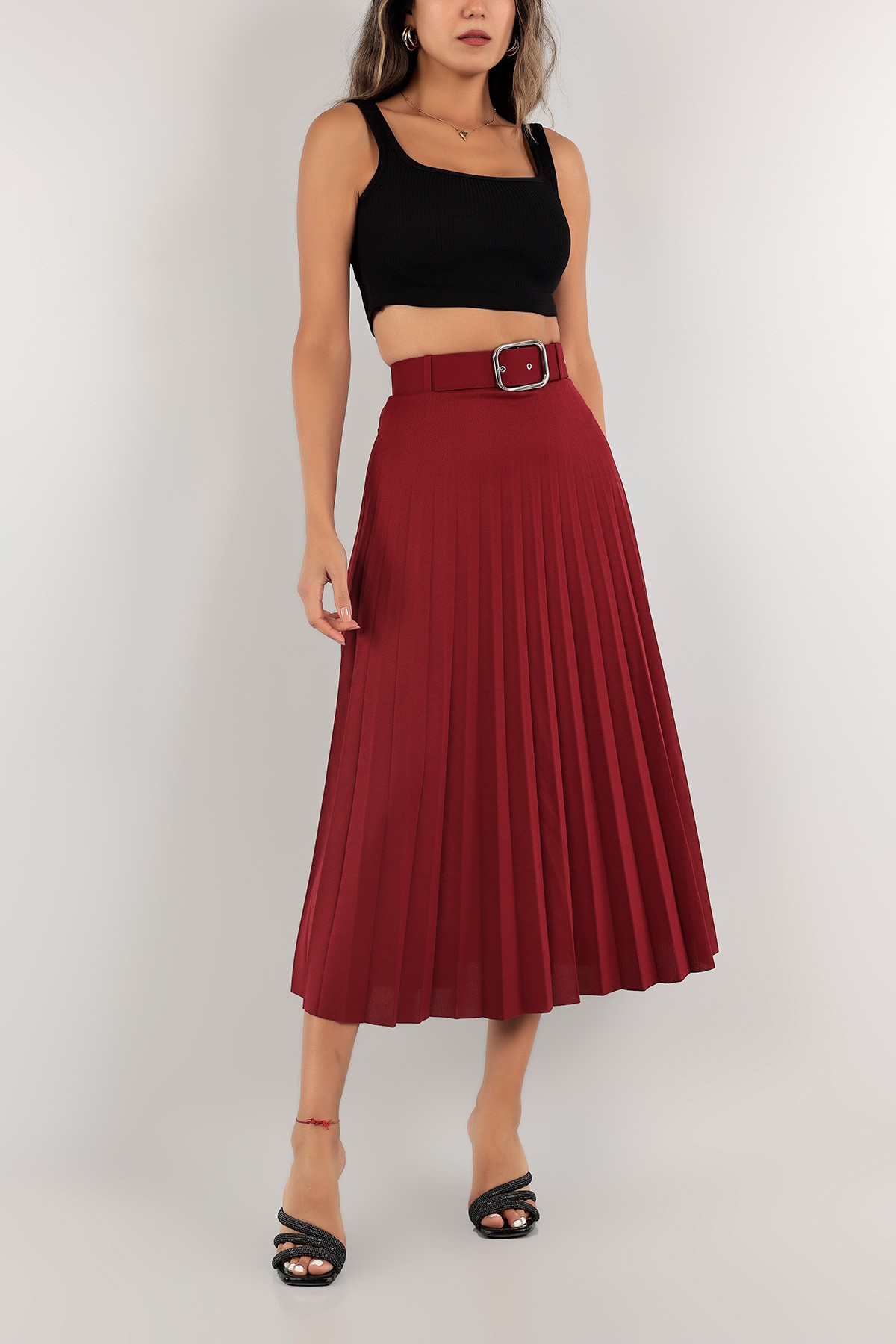 Bordo Piliseli Kemerli Etek 124126