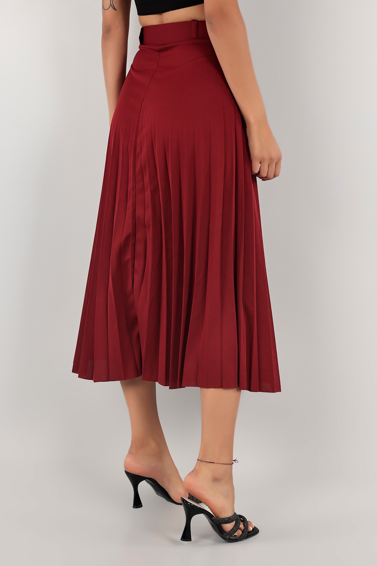 Bordo Piliseli Kemerli Etek 124126