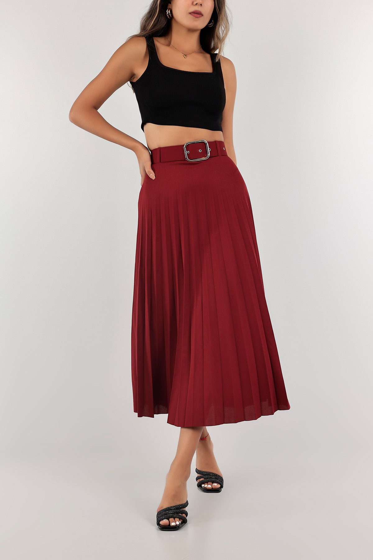 Bordo Piliseli Kemerli Etek 124126
