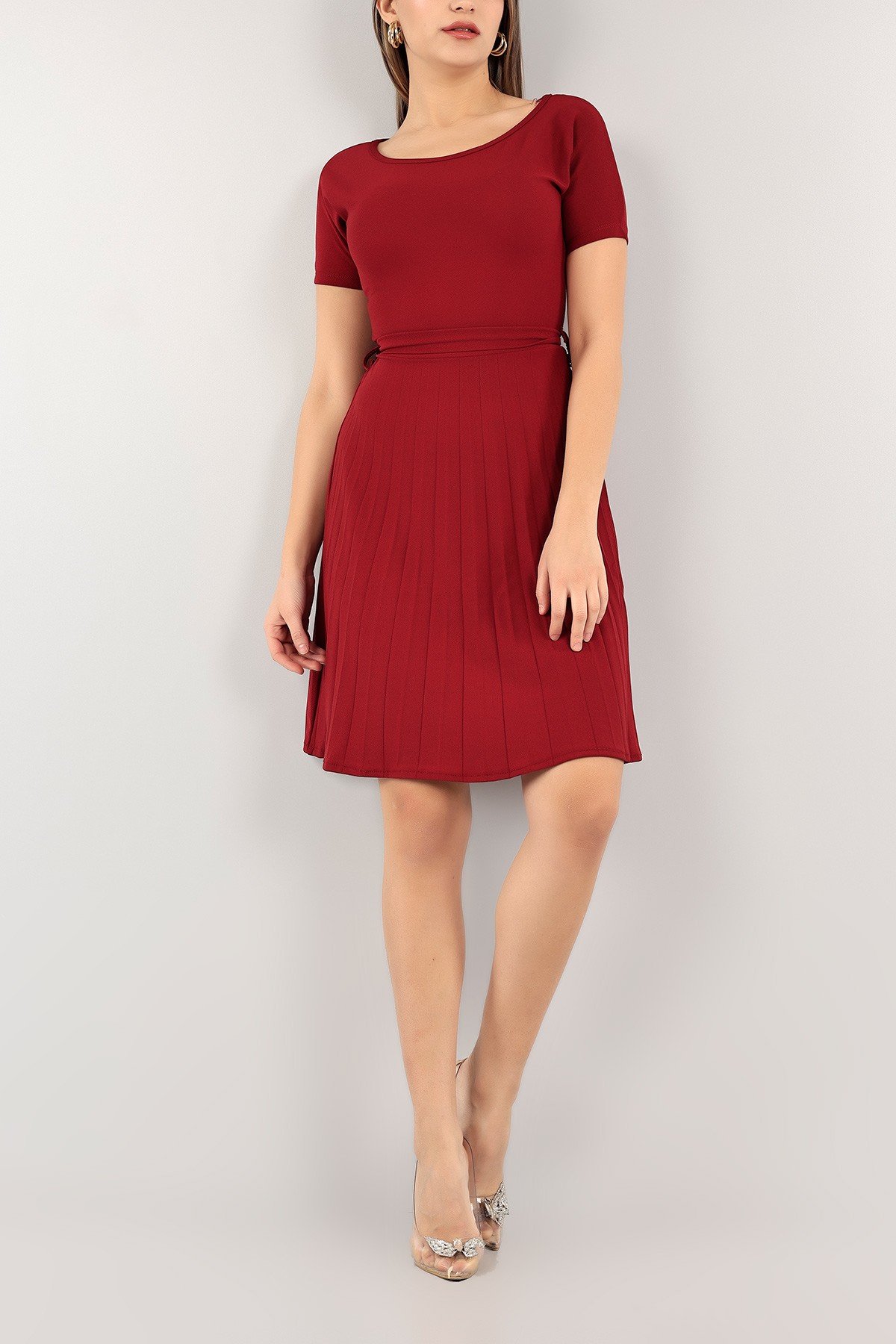 Bordo Pliseli Kemerli Elbise 110251