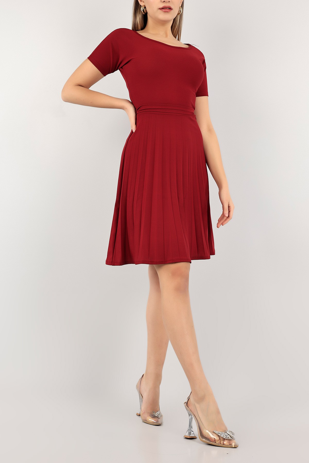 Bordo Pliseli Kemerli Elbise 110251