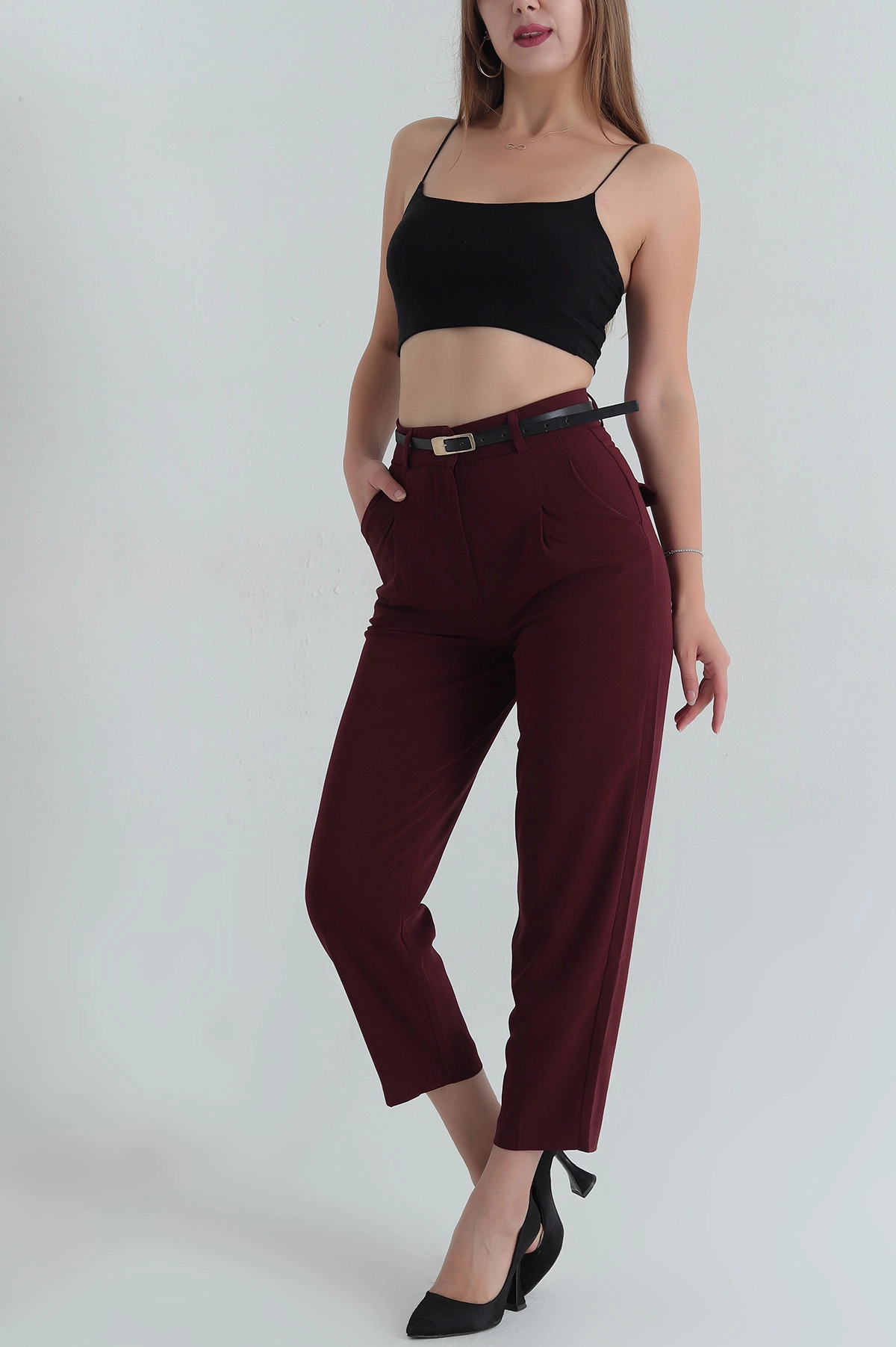 Bordo Poliviskon Kemerli Pileli Kadın Pantolon 399331