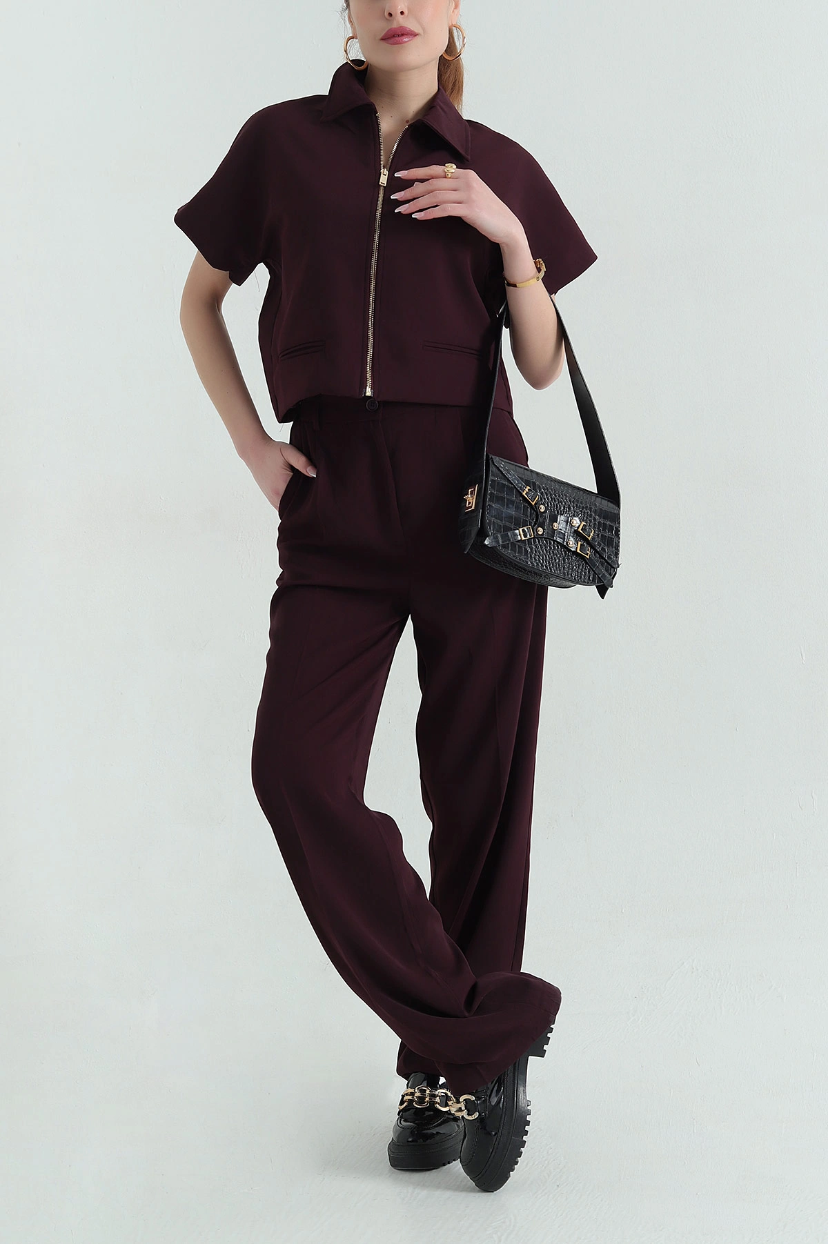 Bordo Polo Yaka Bluz Pantolon İthal Kumaş Kadın İkili Takım 354384