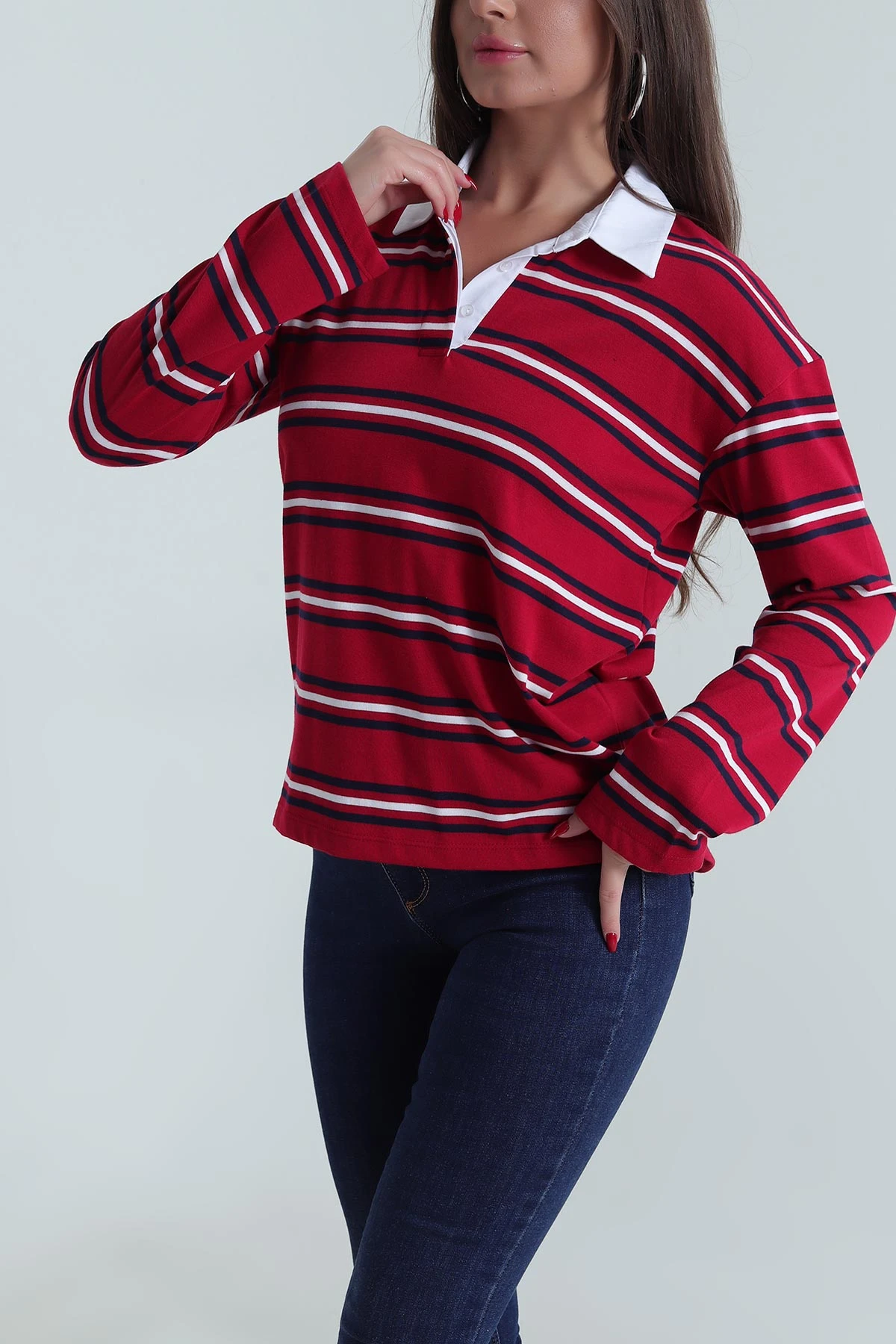 Bordo Polo Yaka Çizgili Viskon Kadın Sweat 492513