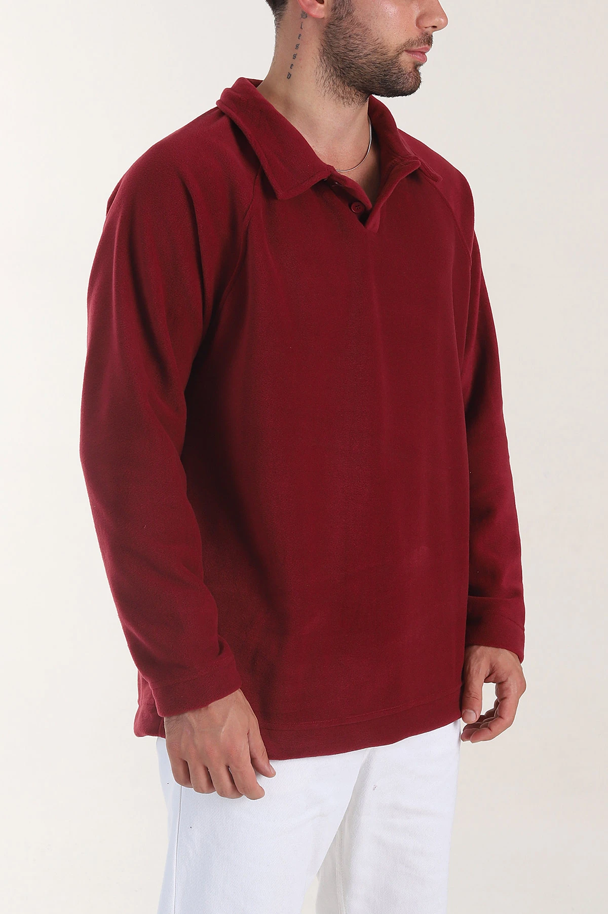 Bordo Polo Yaka Düğmeli Uzun Kollu Polar Kumaş Erkek Sweatshirt 404279