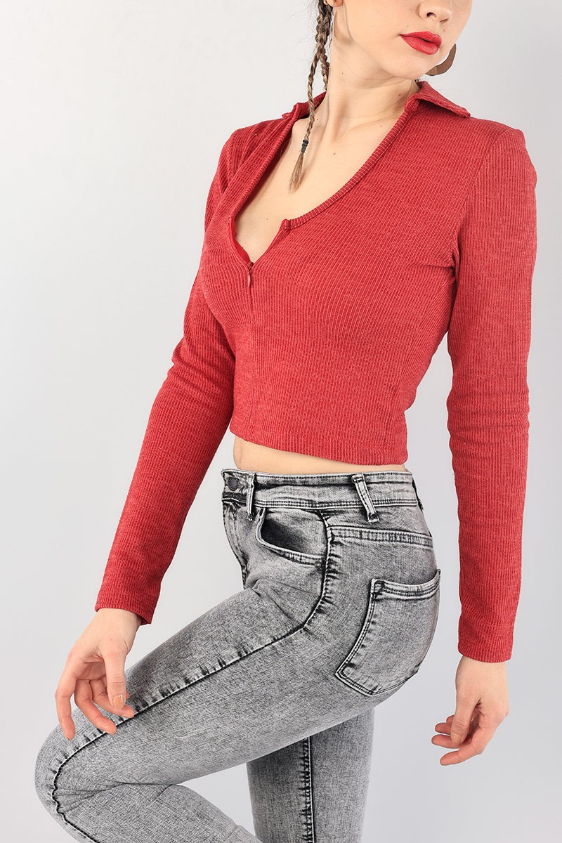 Bordo Polo Yaka Fermuarlı Bluz 88732