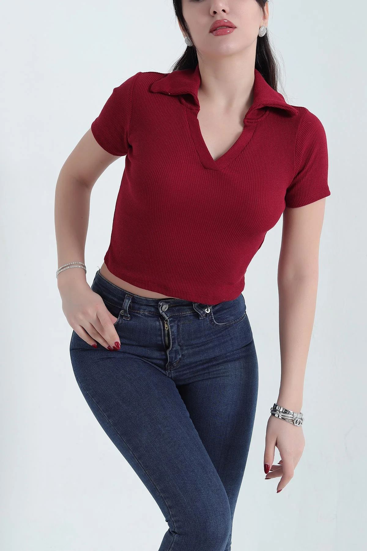Bordo Polo Yaka Fitilli Bluz 338290