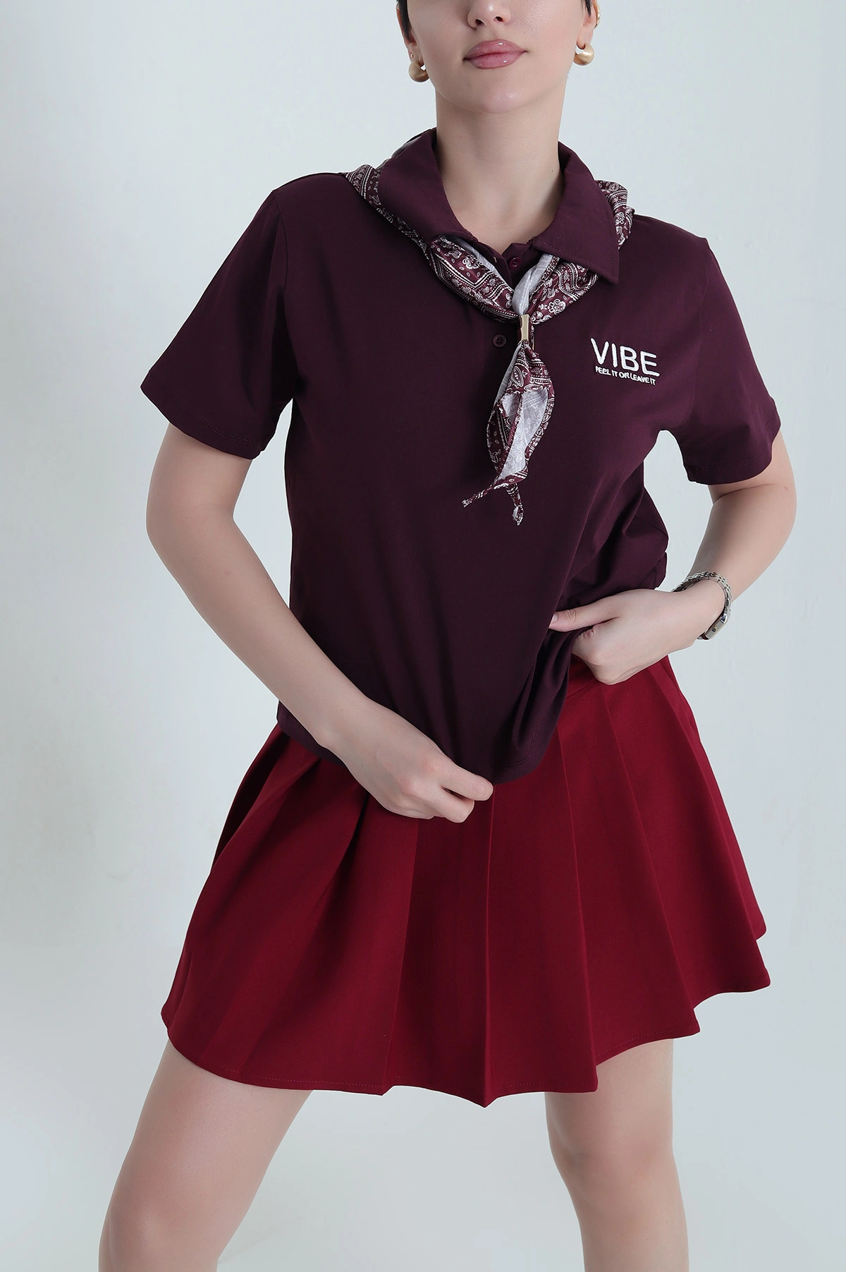 Bordo Polo Yaka Nakışlı Ribana Kadın Tişört 440063