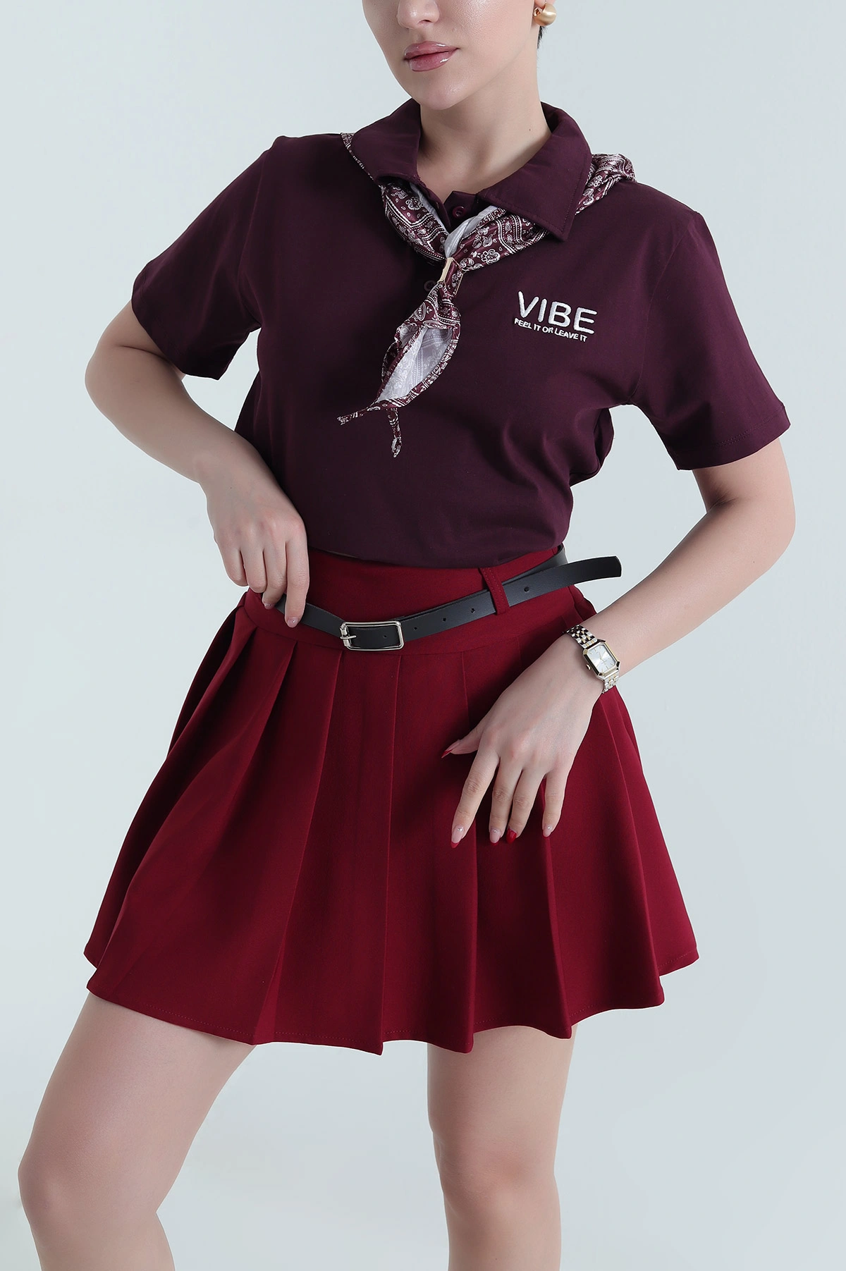 Bordo Polo Yaka Nakışlı Ribana Kadın Tişört 440063