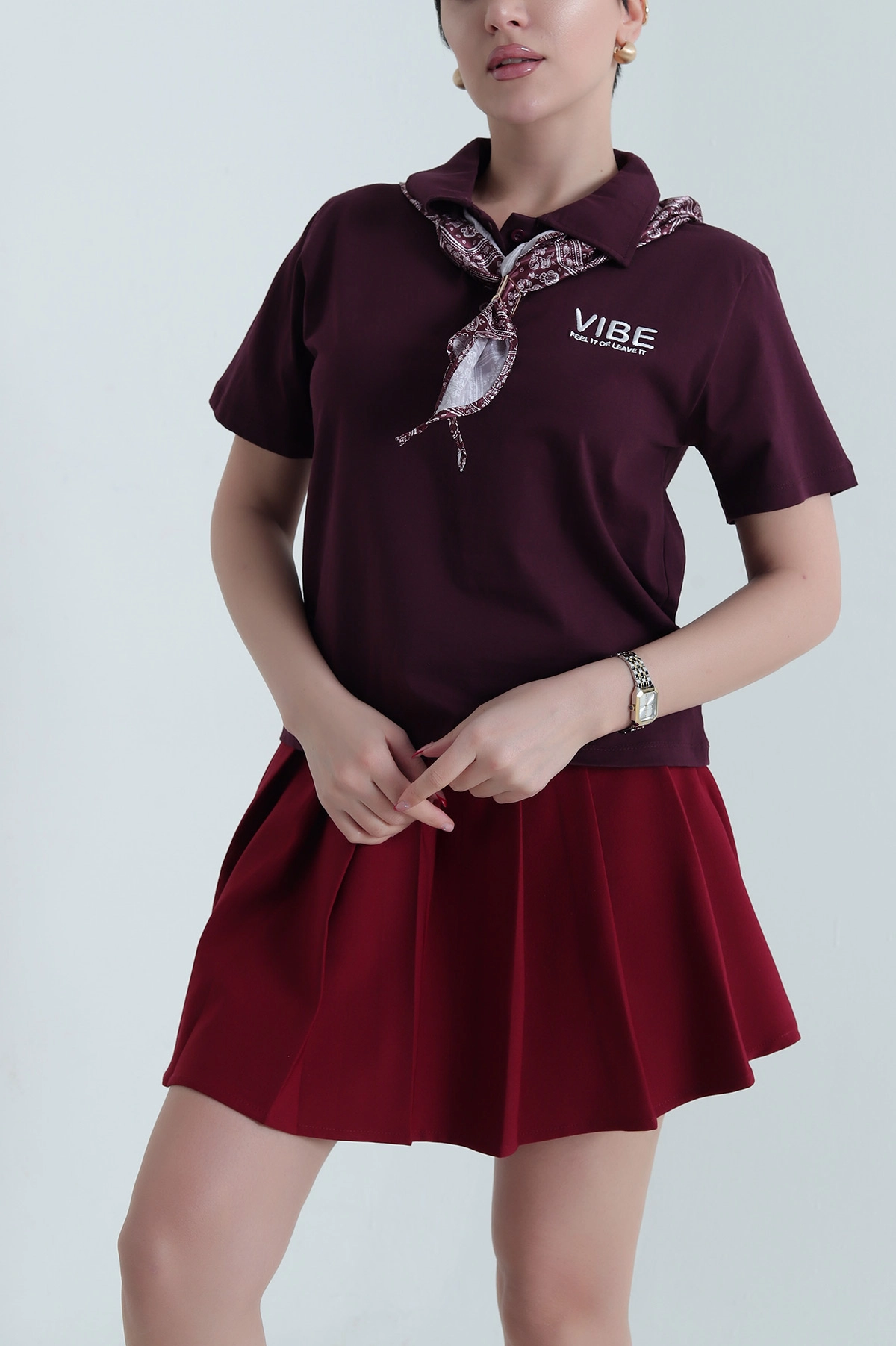 Bordo Polo Yaka Nakışlı Ribana Kadın Tişört 440063