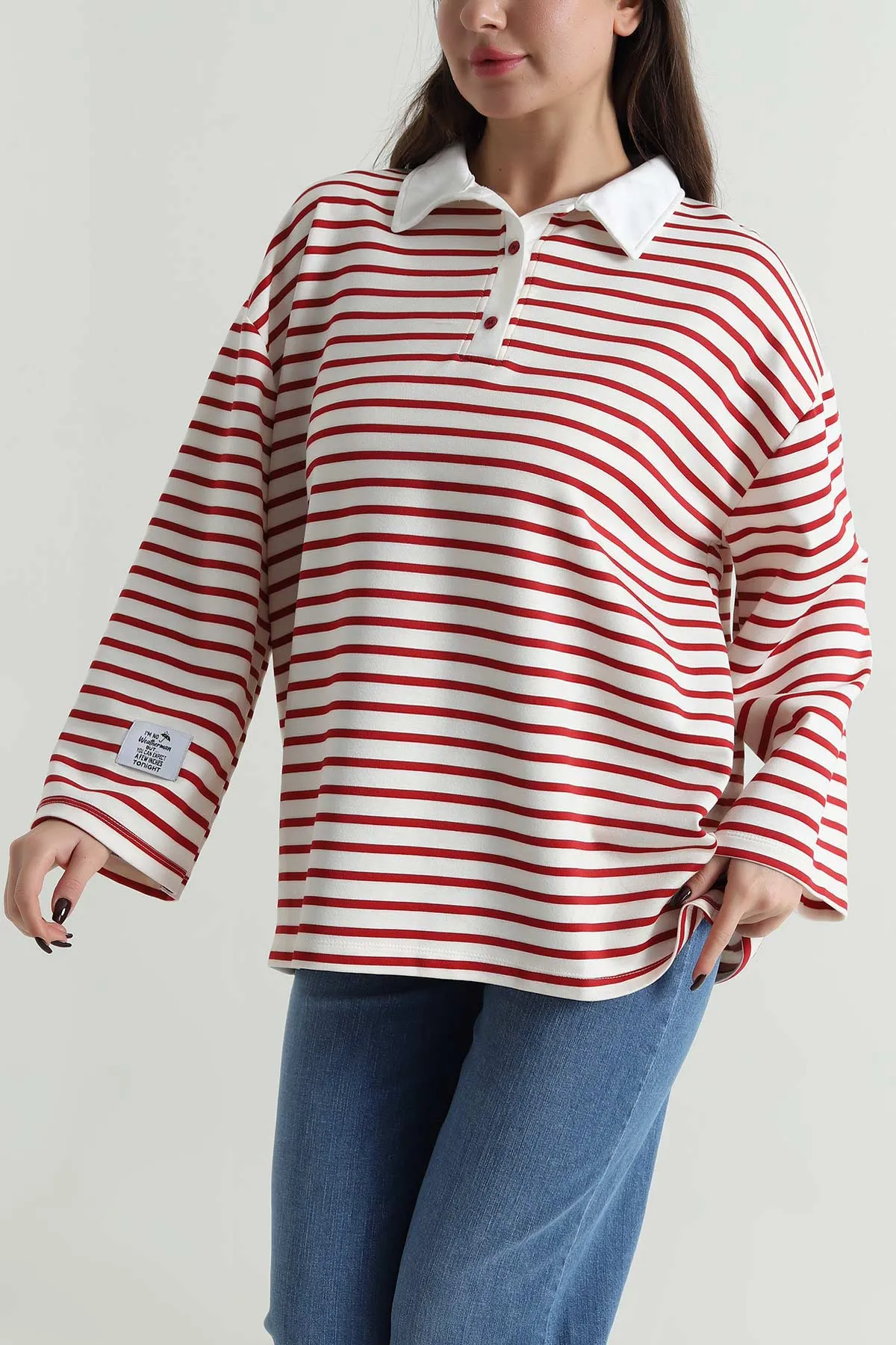 Bordo Polo Yaka Oversize Kadın Modal Bluz 499101