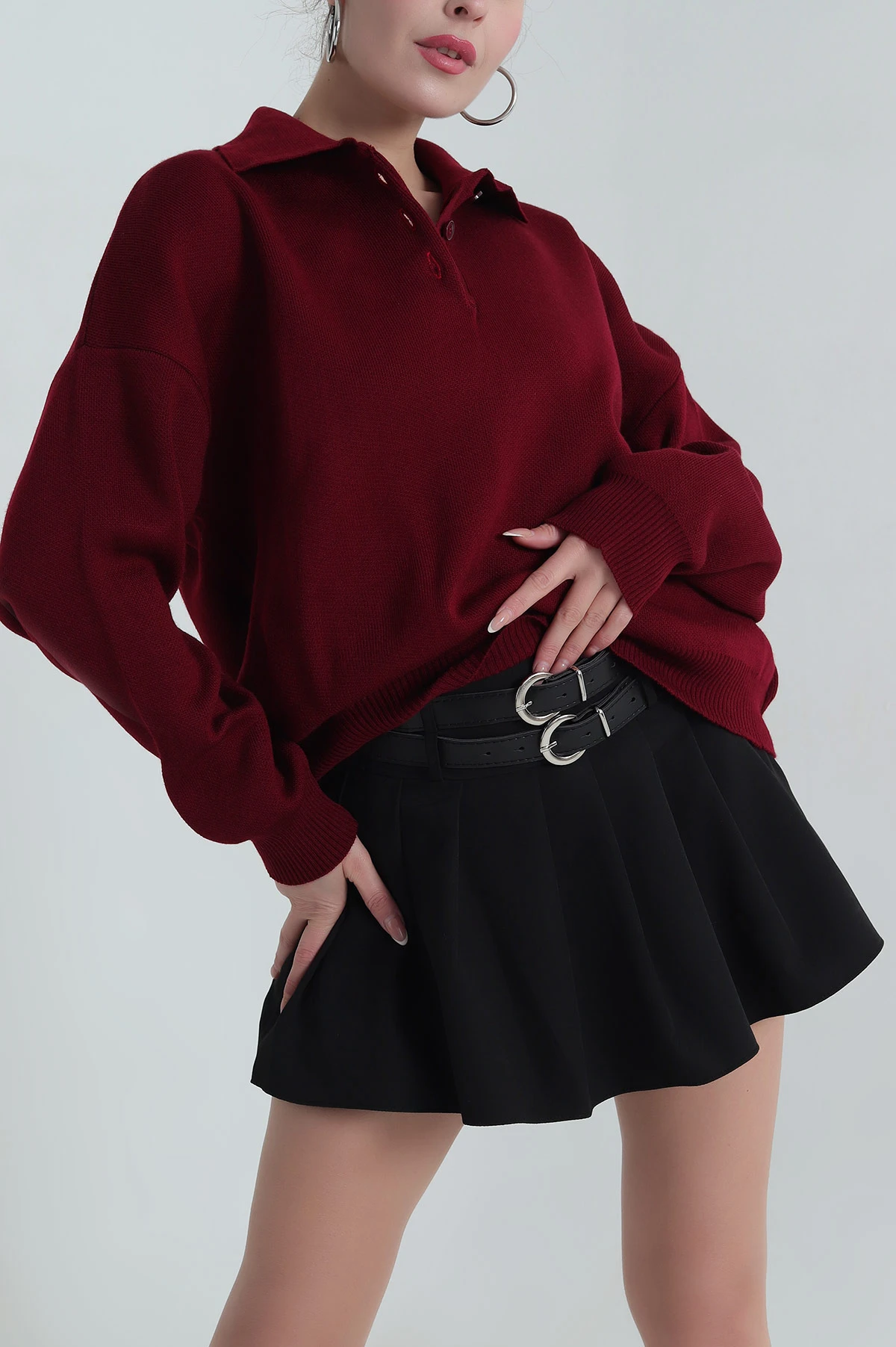 Bordo Polo Yaka Triko Kadın Kazak 403819