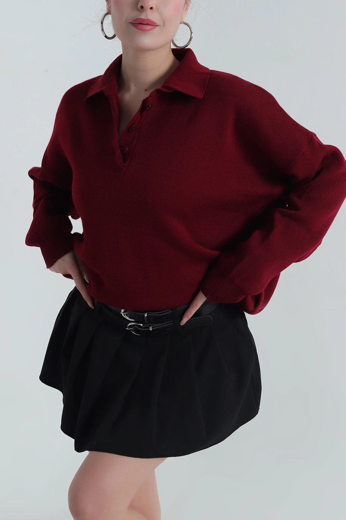 Bordo Polo Yaka Triko Kadın Kazak 403819