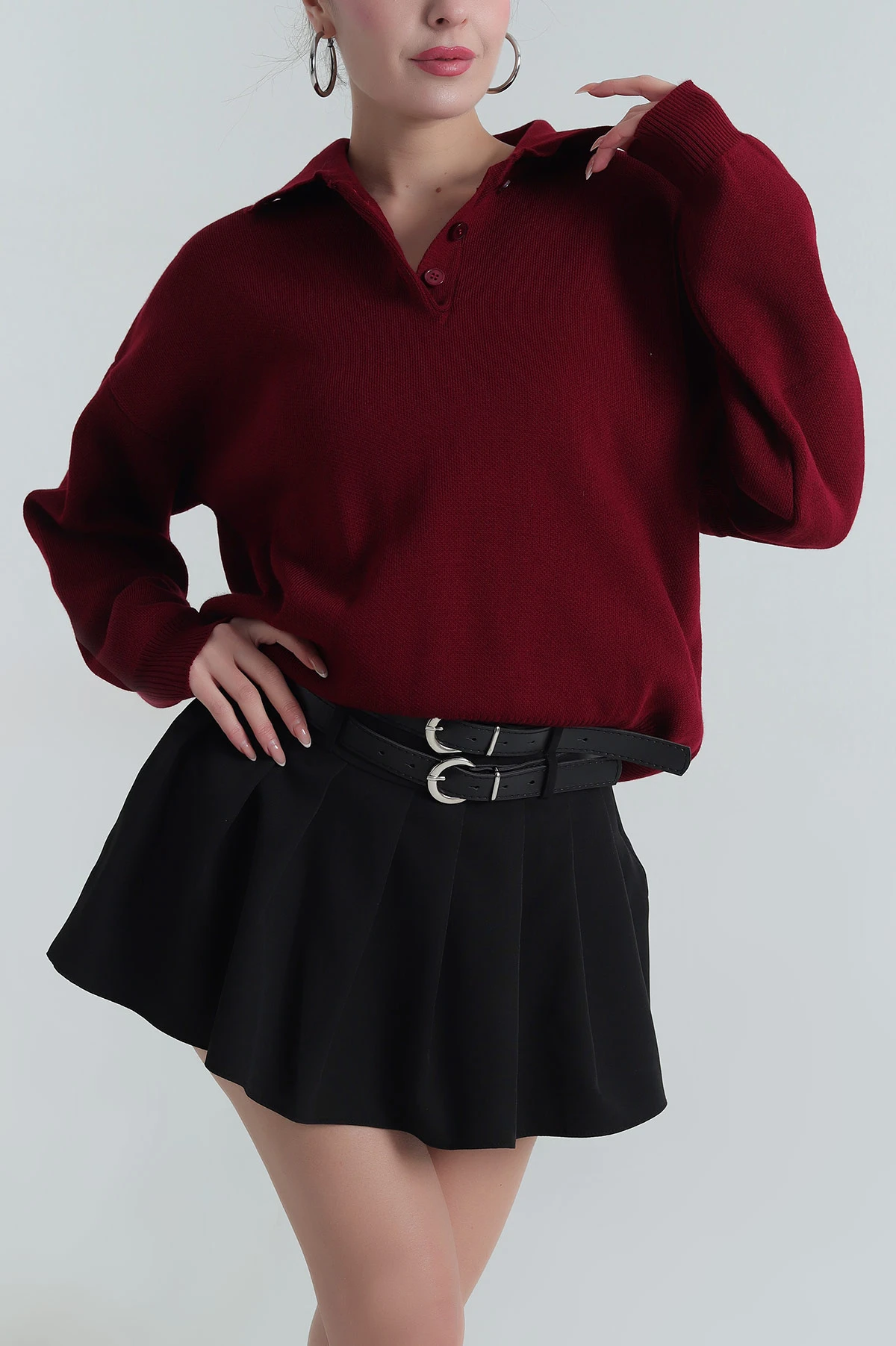 Bordo Polo Yaka Triko Kadın Kazak 403819