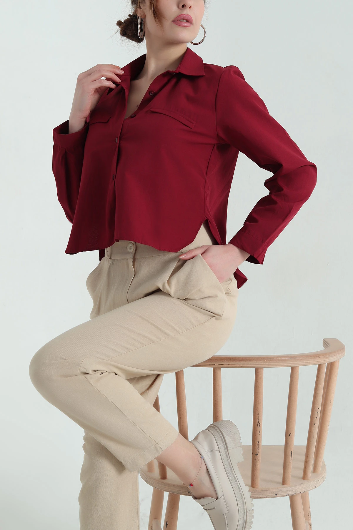 Bordo Poplin Bayan Crop Gömlek 336963
