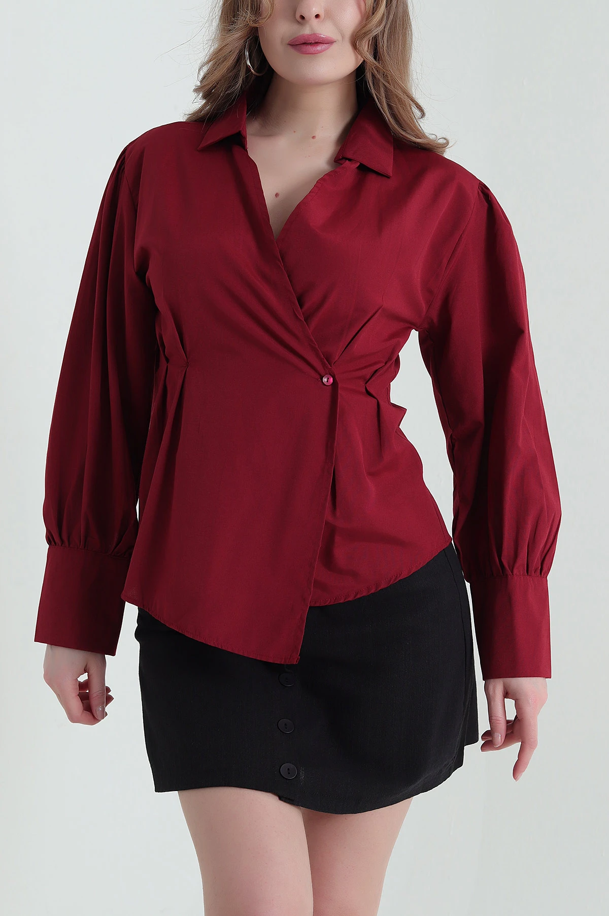 Bordo Poplin Dokuma Kadın Gömlek 432094