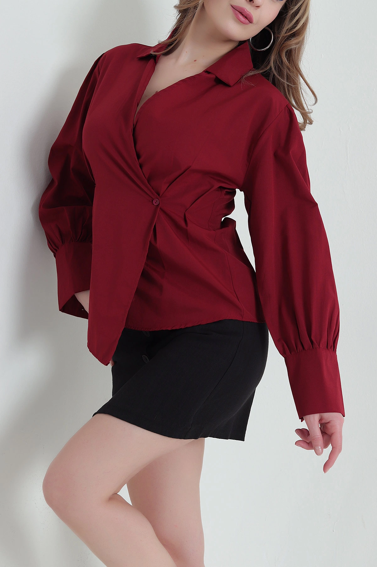 Bordo Poplin Dokuma Kadın Gömlek 432094