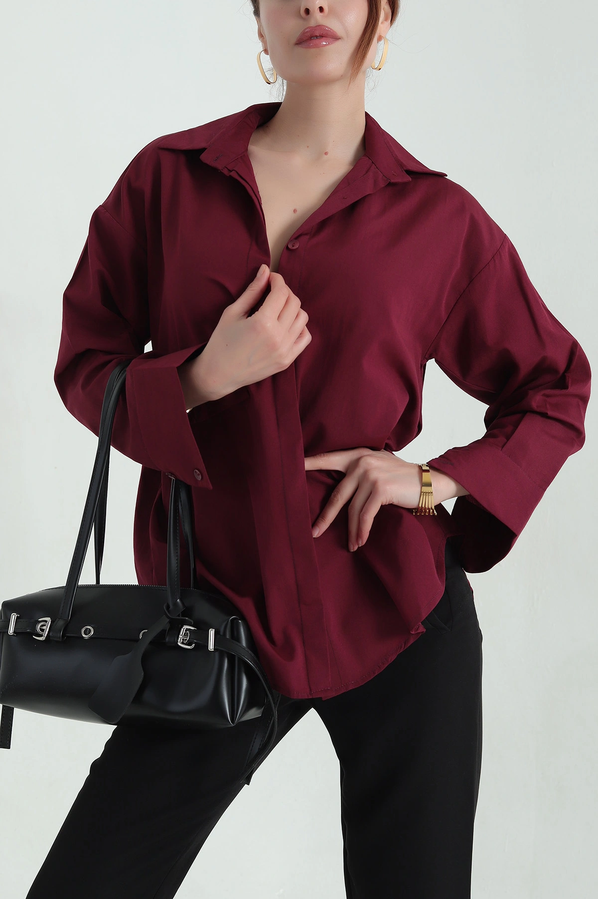 Bordo Poplin Kumaş Gizli Pat Kadın Gömlek 367249