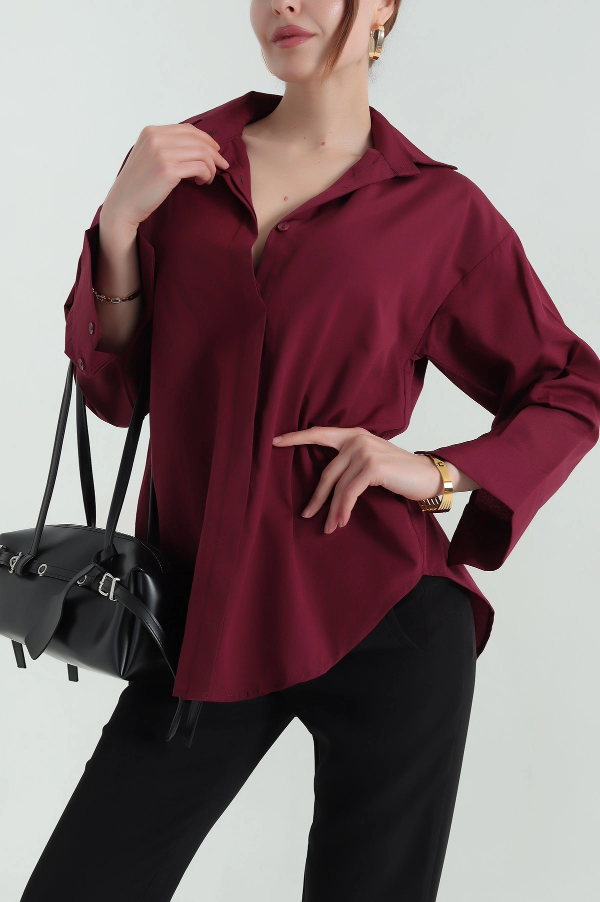 Bordo Poplin Kumaş Gizli Pat Kadın Gömlek 367249
