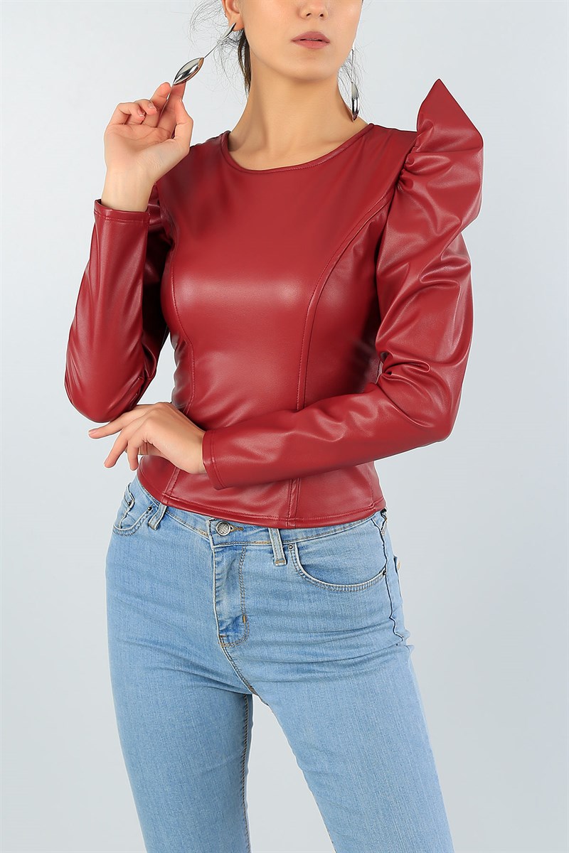 Bordo Prenses Kol Deri Bluz 45381
