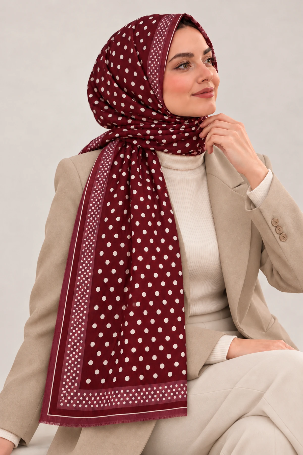 Bordo İthal Çift Taraflı Baskılı Puantiye Desenli Kadın Şal 90x180 cm 493971