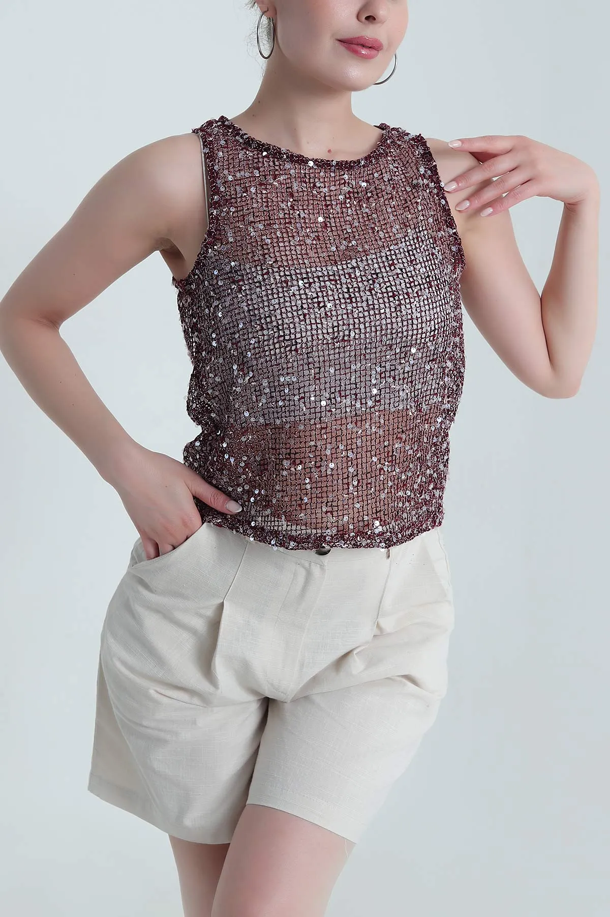 Bordo Pullu File Tasarım Kadın Bluz 473135