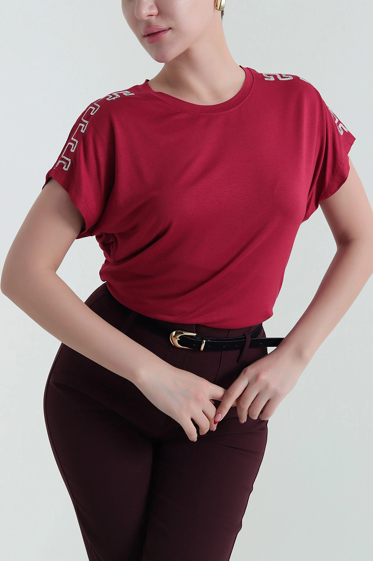 Bordo Pullu Tasarım Viskon Kadın Bluz 432008