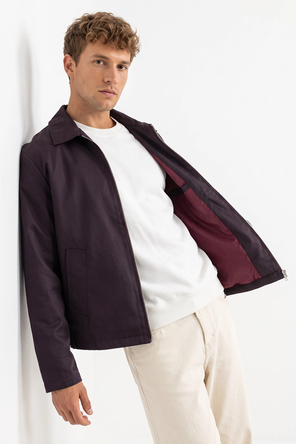 Bordo Reglan Kol Fermuarlı Erkek Ceket 491794