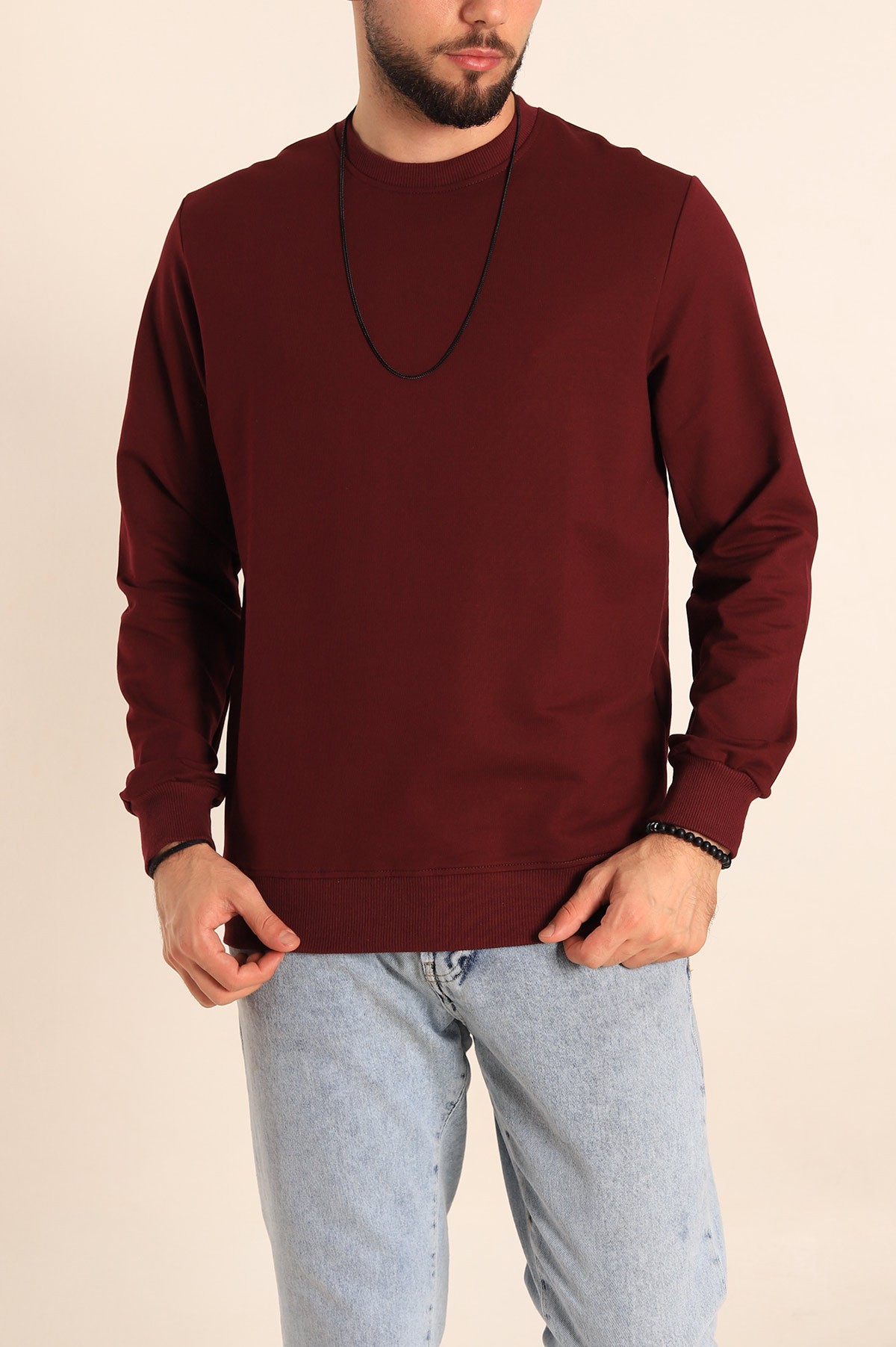 Bordo Regular Fit Basic Bisiklet Yaka Erkek Sweatshirt 217615