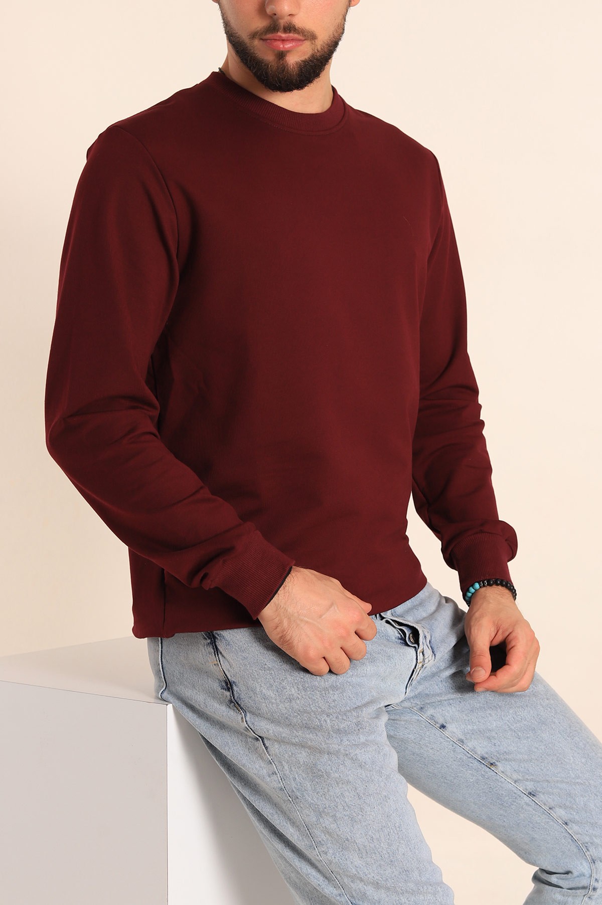 Bordo Regular Fit Basic Bisiklet Yaka Erkek Sweatshirt 217615