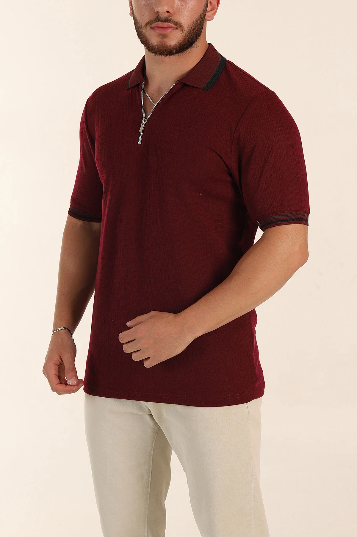 Bordo Regular Fit Dokulu Fermuarlı Polo Yaka Erkek Triko Tişört 370056