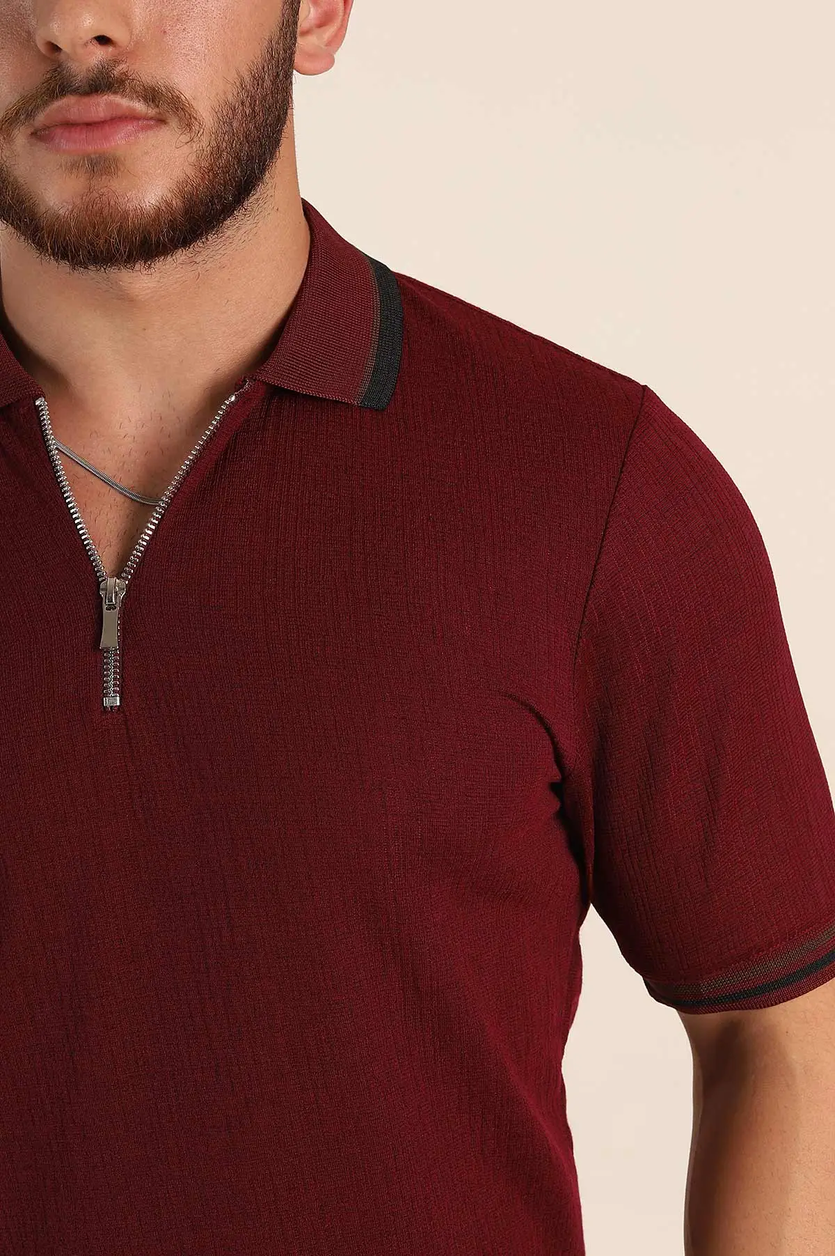 Bordo Regular Fit Dokulu Fermuarlı Polo Yaka Erkek Triko Tişört 370056