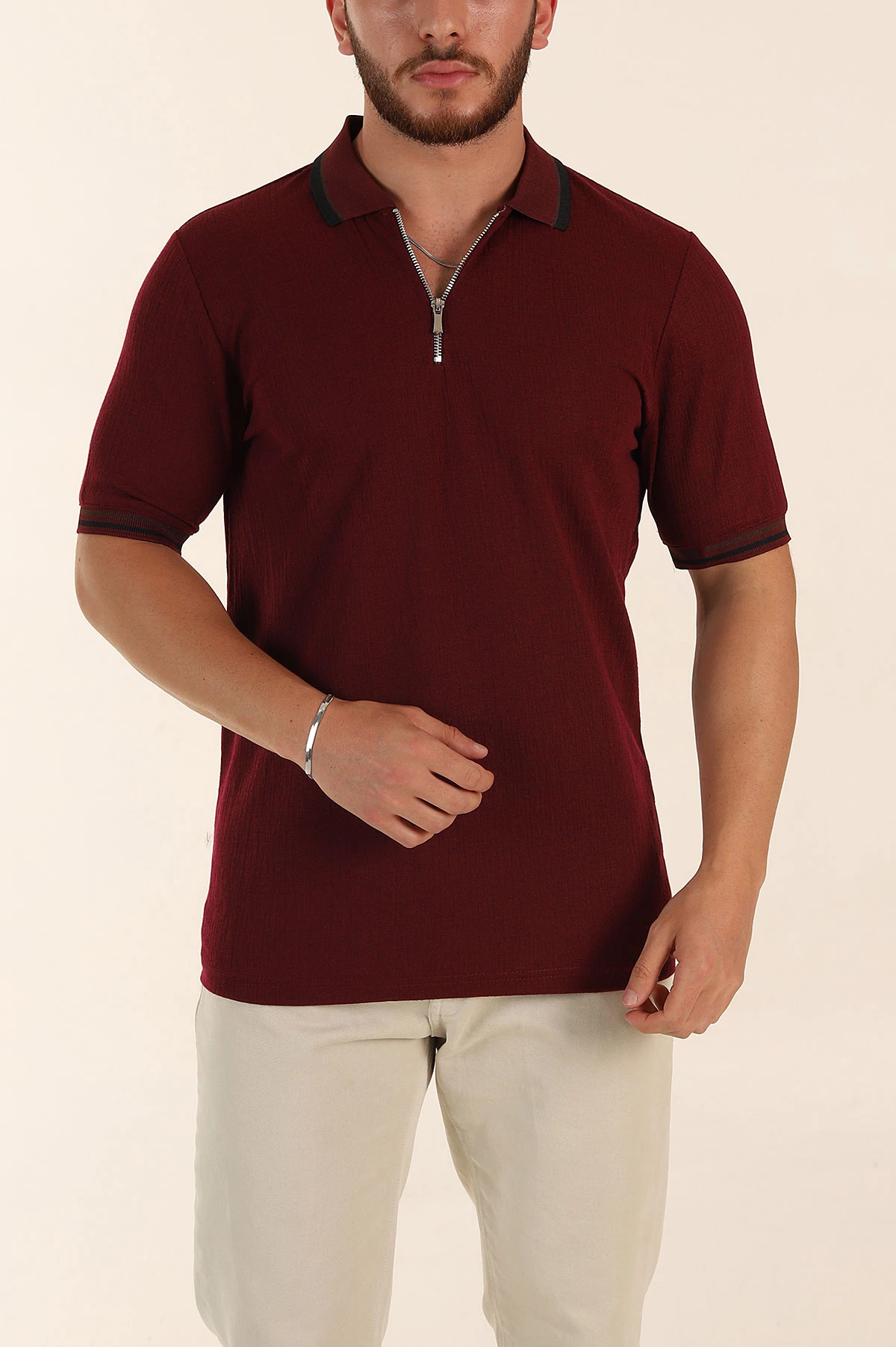 Bordo Regular Fit Dokulu Fermuarlı Polo Yaka Erkek Triko Tişört 370056