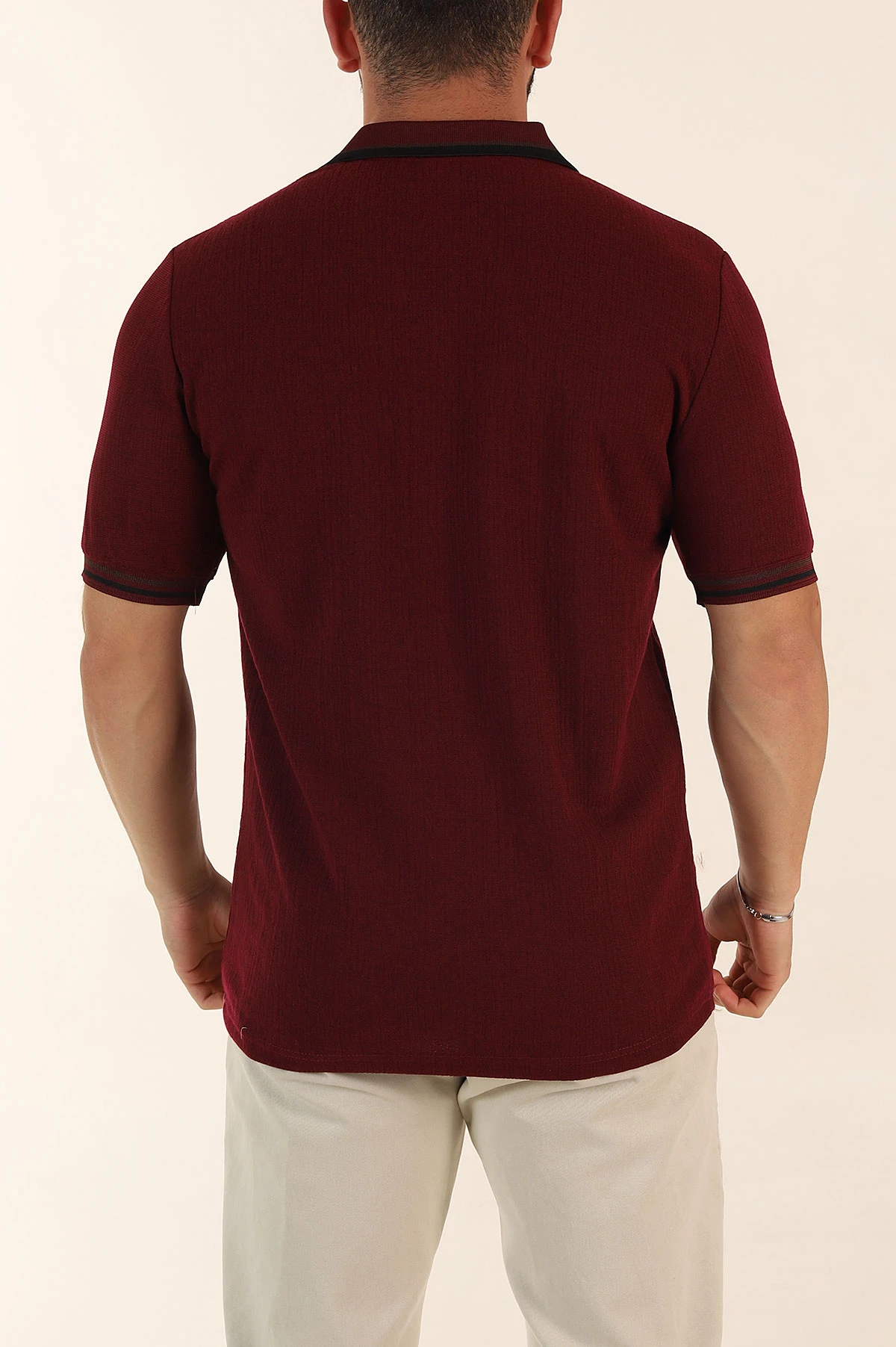 Bordo Regular Fit Dokulu Fermuarlı Polo Yaka Erkek Triko Tişört 370056