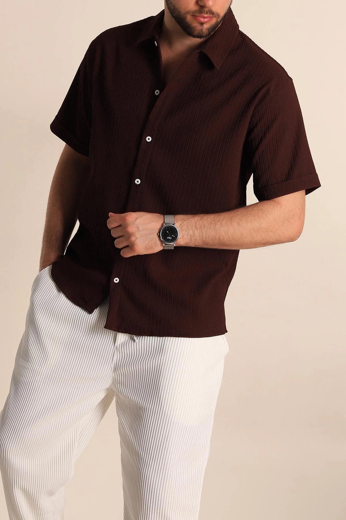 Bordo Regular Fit Fitilli Doku Kısa Kollu Erkek Gömlek 275490