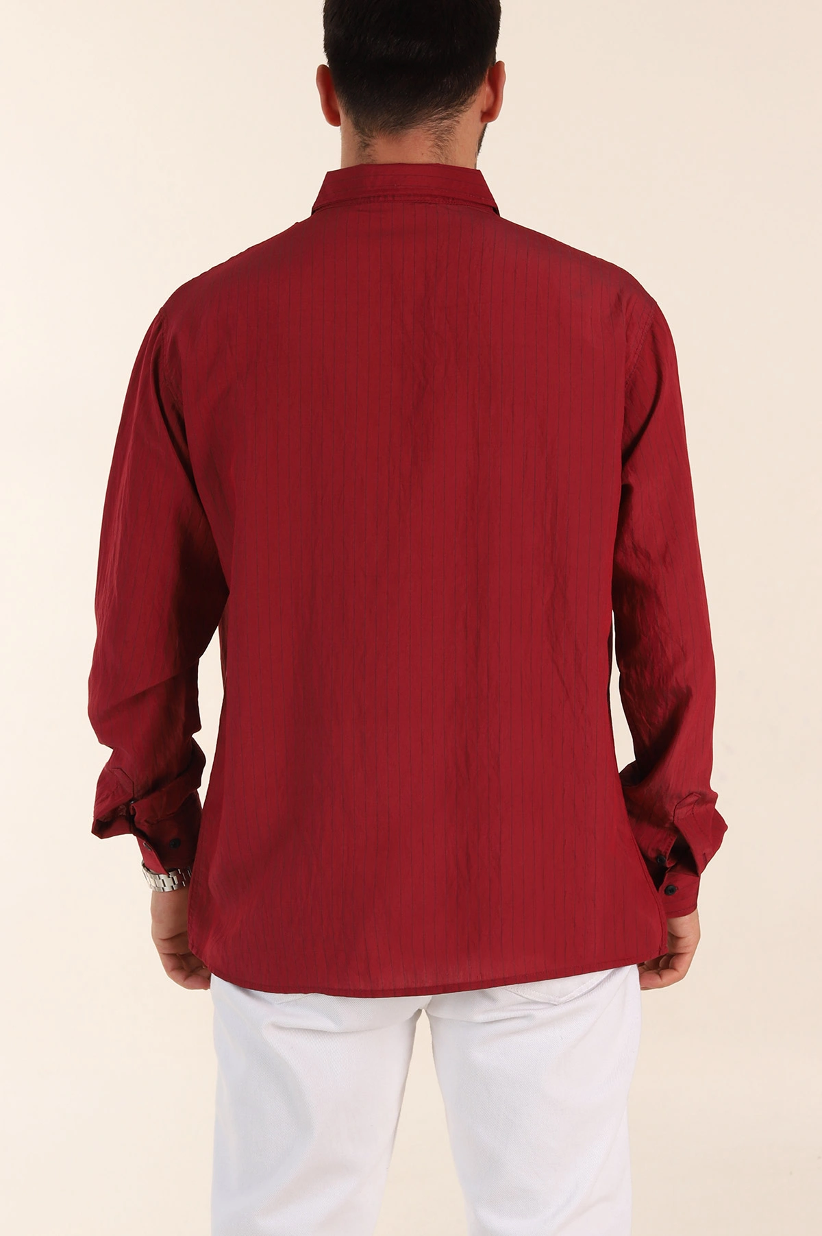 Bordo Regular Fit İnce Çizgili Uzun Kollu Erkek Gömlek 369339