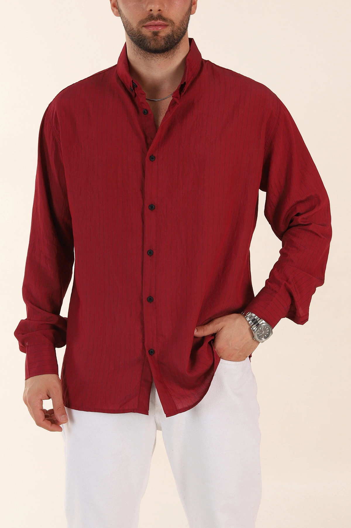 Bordo Regular Fit İnce Çizgili Uzun Kollu Erkek Gömlek 369339