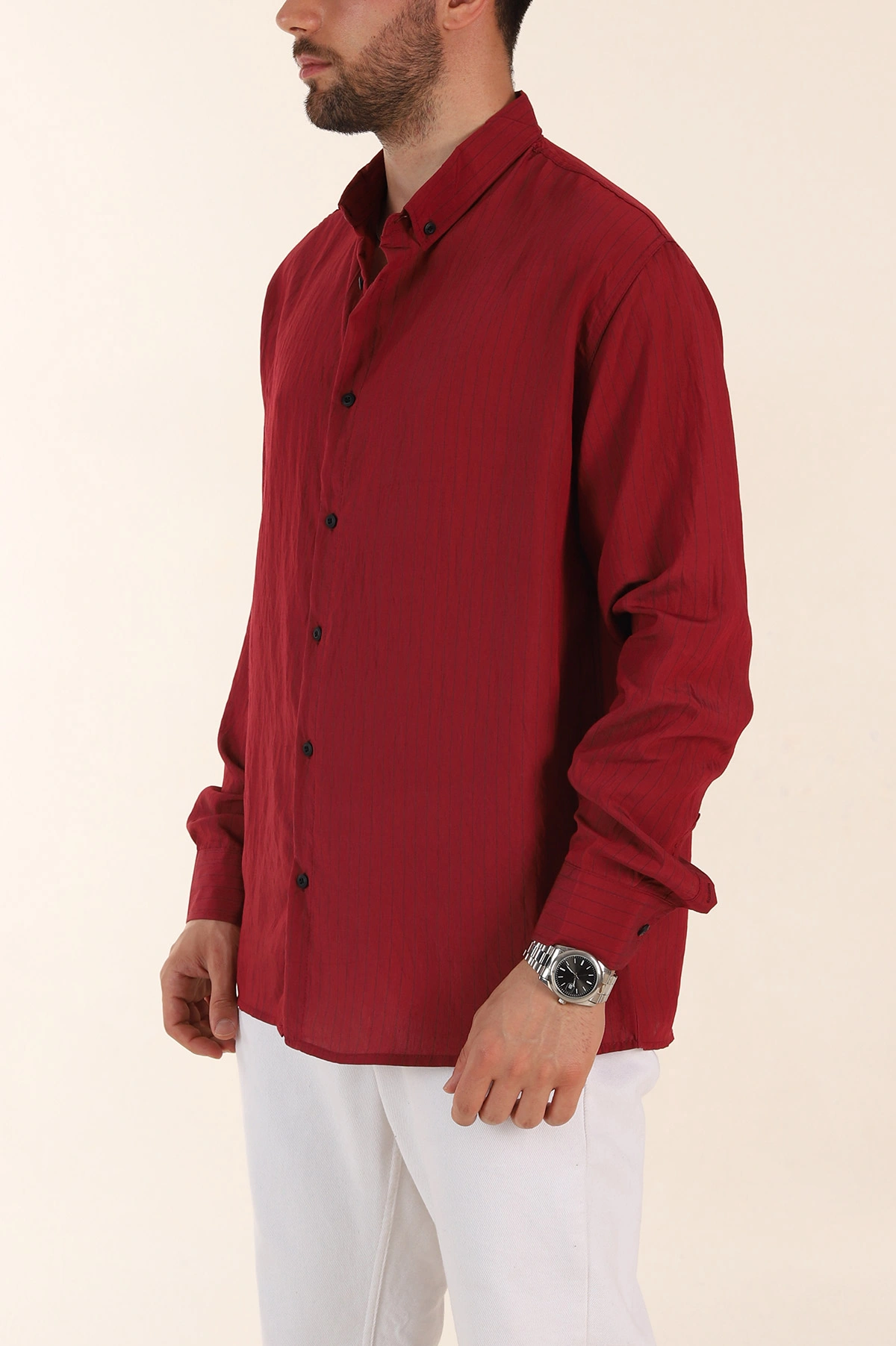 Bordo Regular Fit İnce Çizgili Uzun Kollu Erkek Gömlek 369339