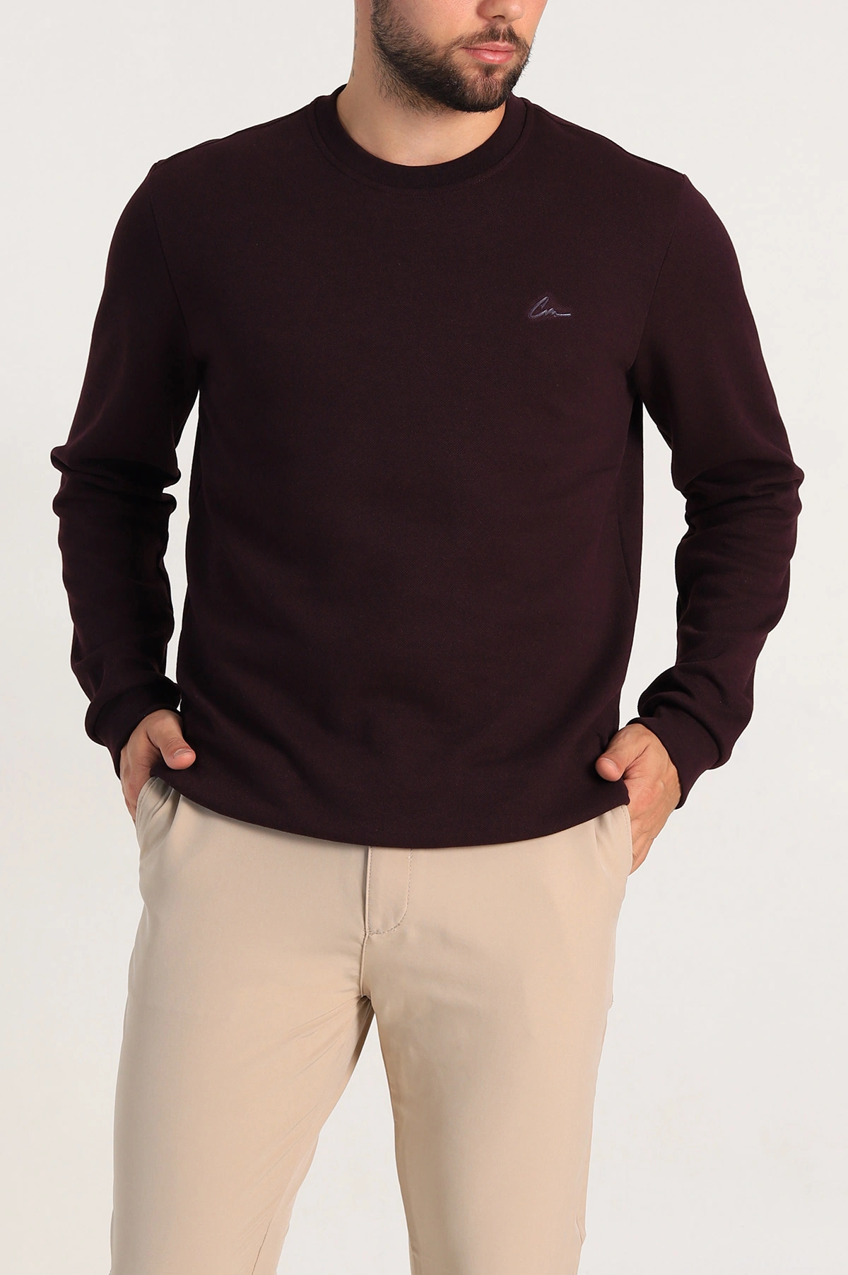 Bordo Regular Fit İnterlok Kumaş Pike Doku Basic Erkek Sweatshirt 305427