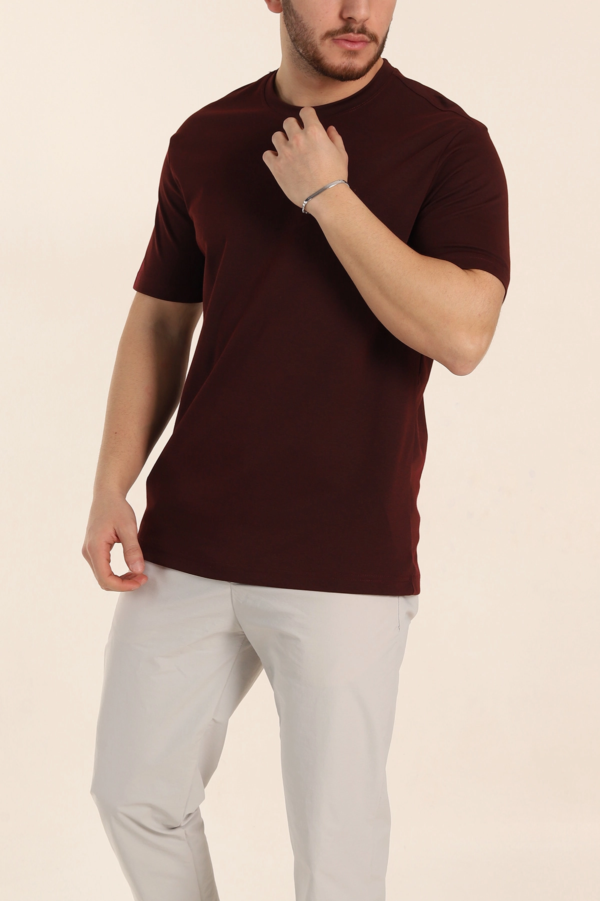 Bordo Regular Fit Nakış Logo Detaylı Basic Erkek Tişört 338453