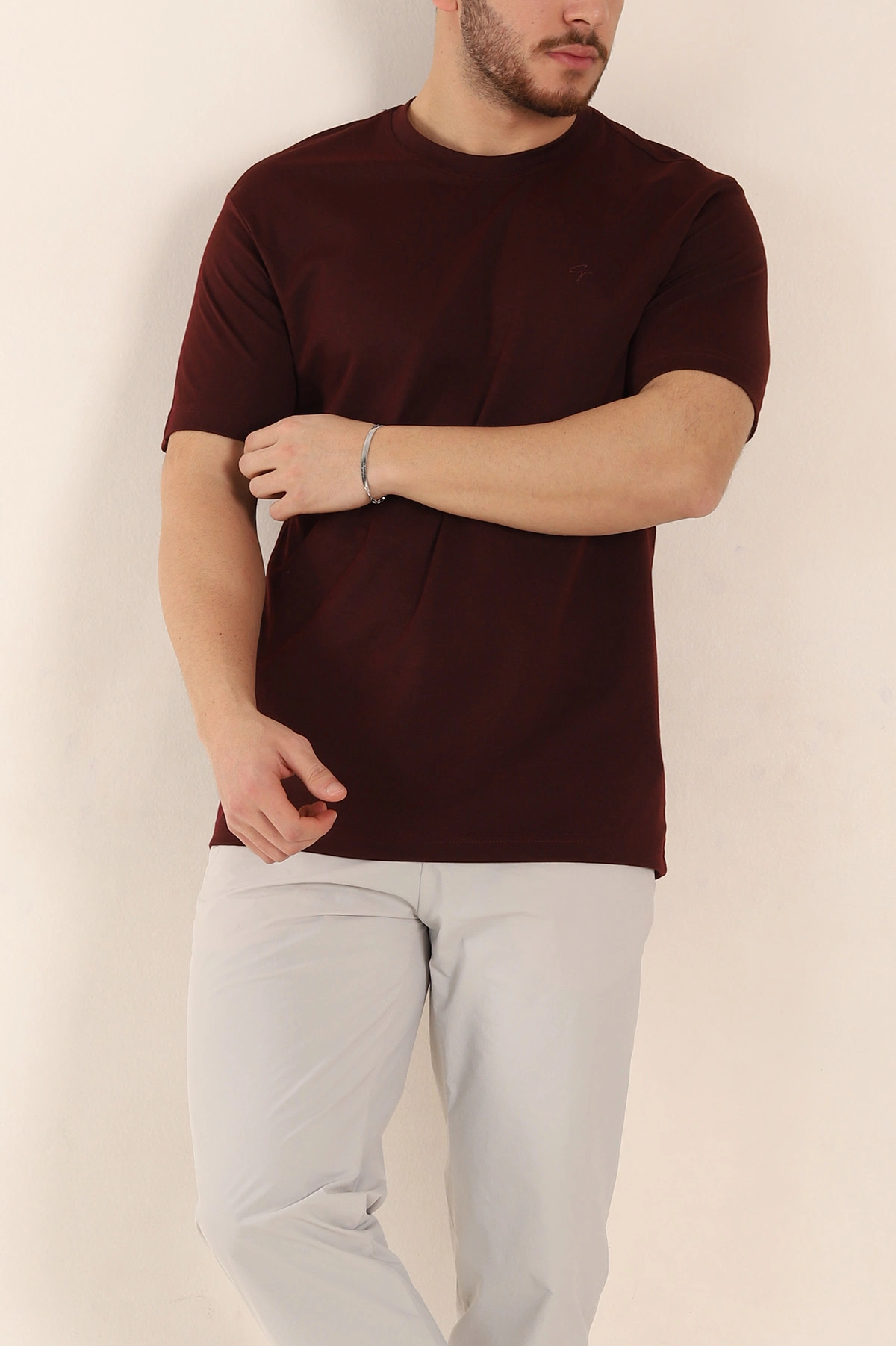 Bordo Regular Fit Nakış Logo Detaylı Basic Erkek Tişört 338453