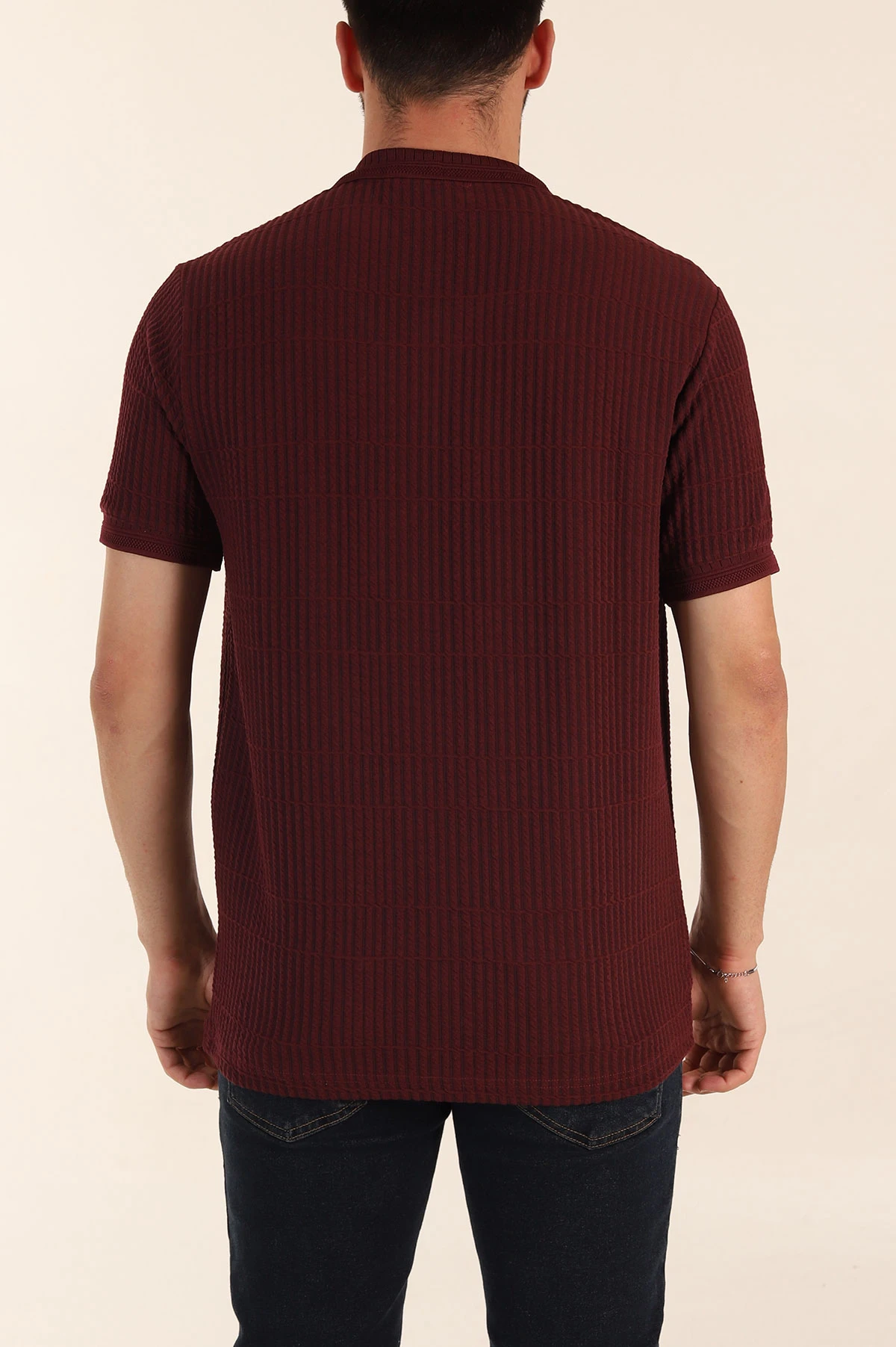Bordo Relaxed Fit Çizgi Detaylı Fermuarlı Polo Yaka Erkek Tişört 370328