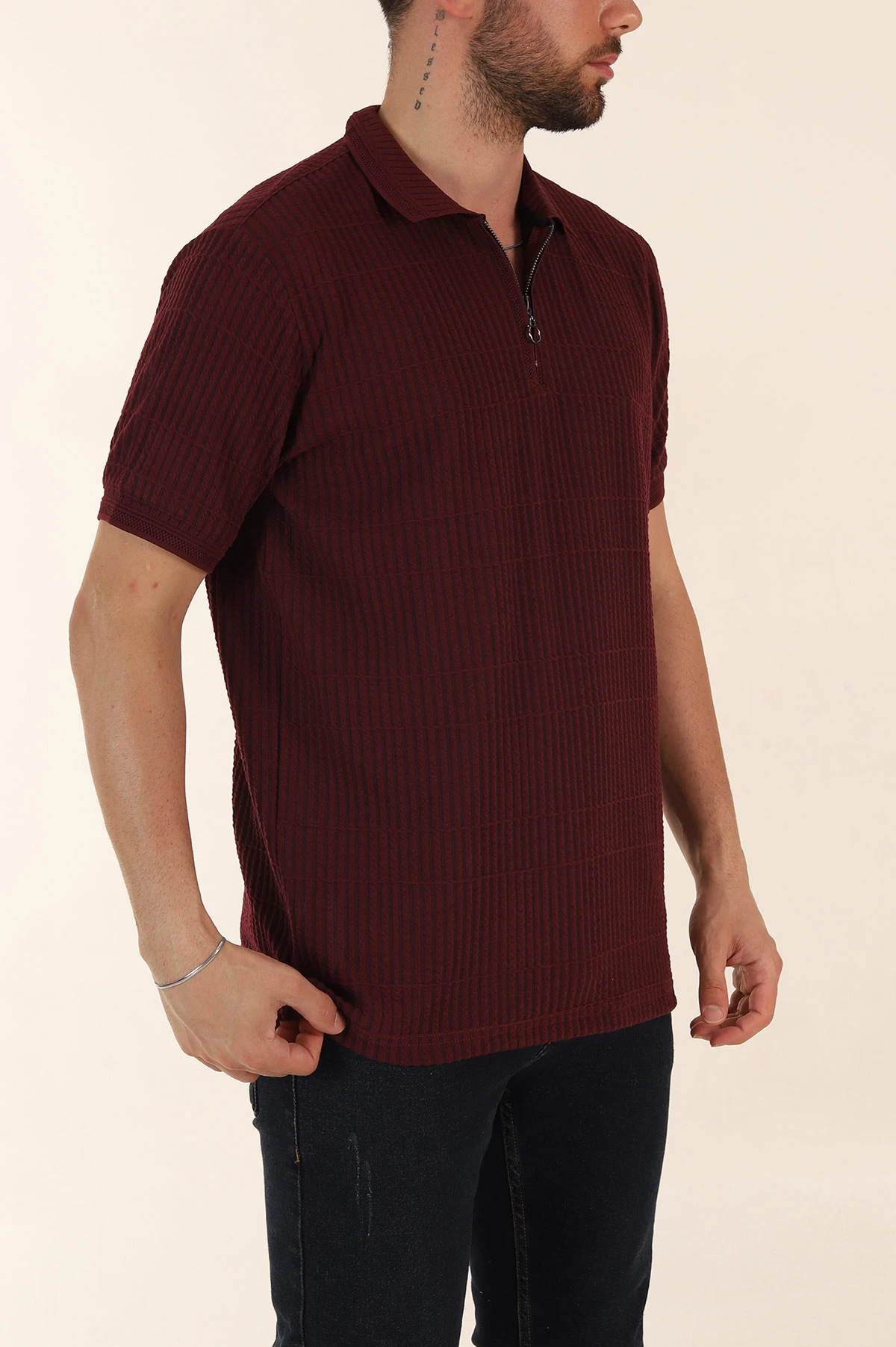 Bordo Relaxed Fit Çizgi Detaylı Fermuarlı Polo Yaka Erkek Tişört 370328