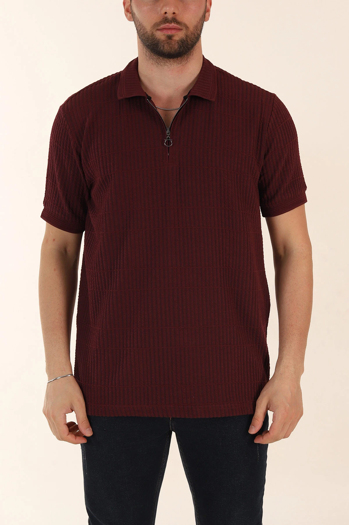 Bordo Relaxed Fit Çizgi Detaylı Fermuarlı Polo Yaka Erkek Tişört 370328