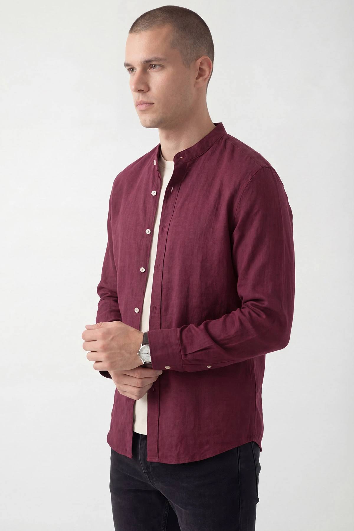 Bordo Relaxed Fit Hakim Yaka Uzun Kollu Erkek Gömlek 445644