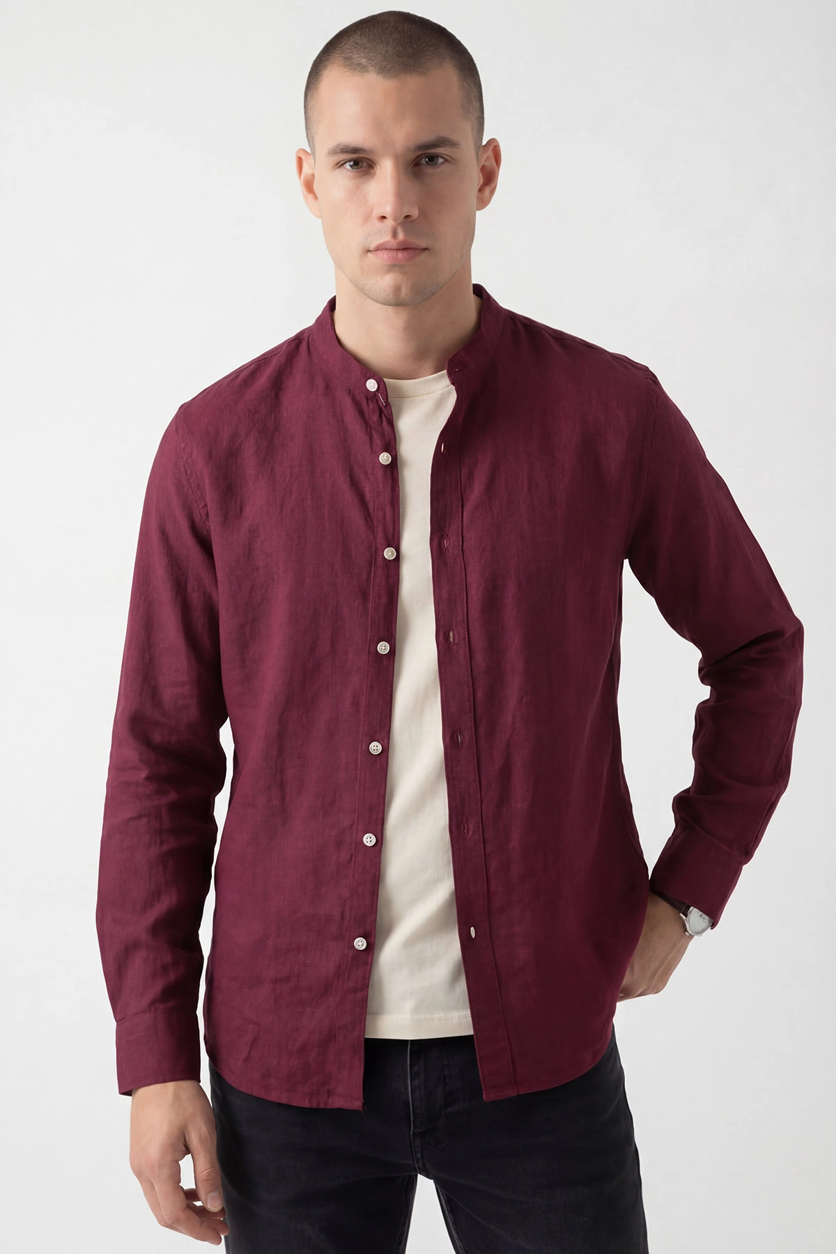 Bordo Relaxed Fit Hakim Yaka Uzun Kollu Erkek Gömlek 445644