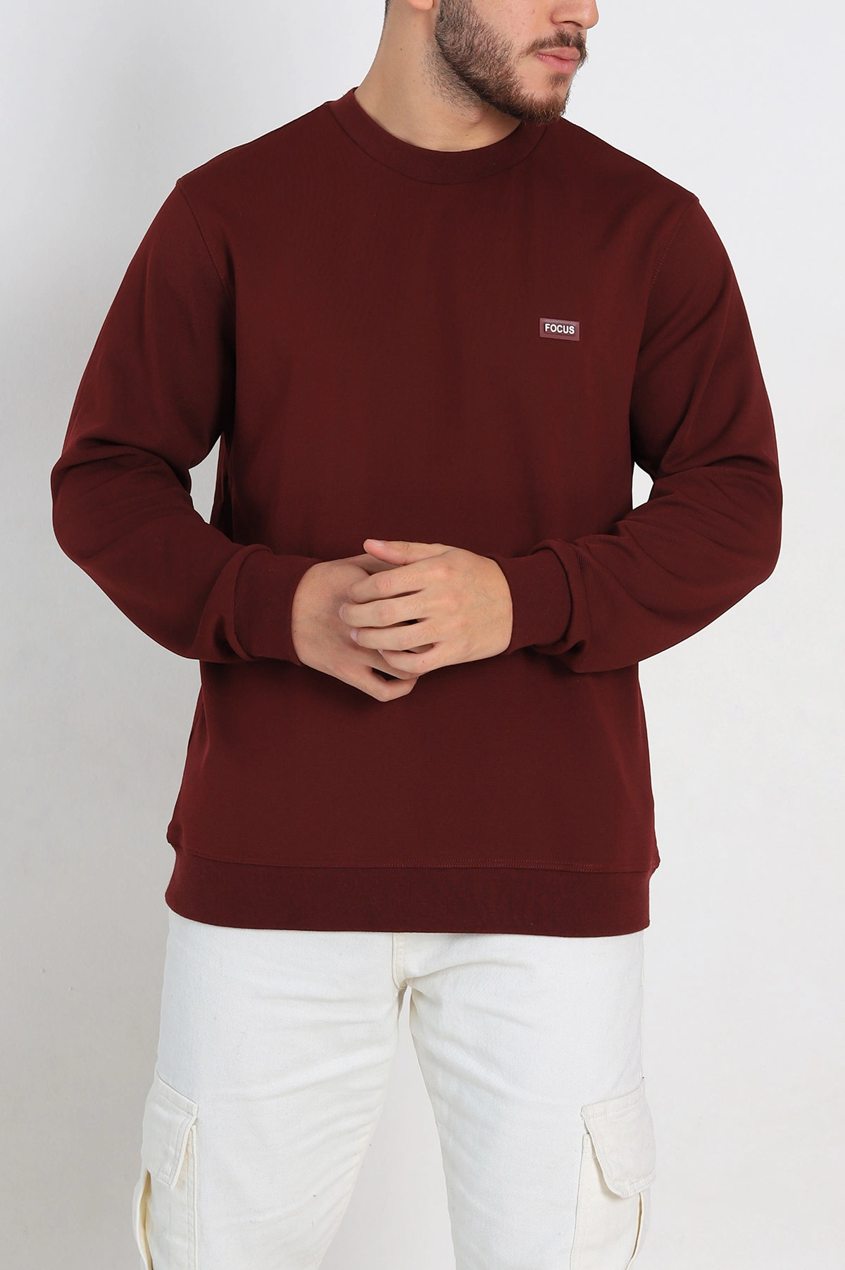 Bordo Relaxed Fit İki İp Şardonlu Yazı Detay Likralı Erkek Sweatshirt 311197