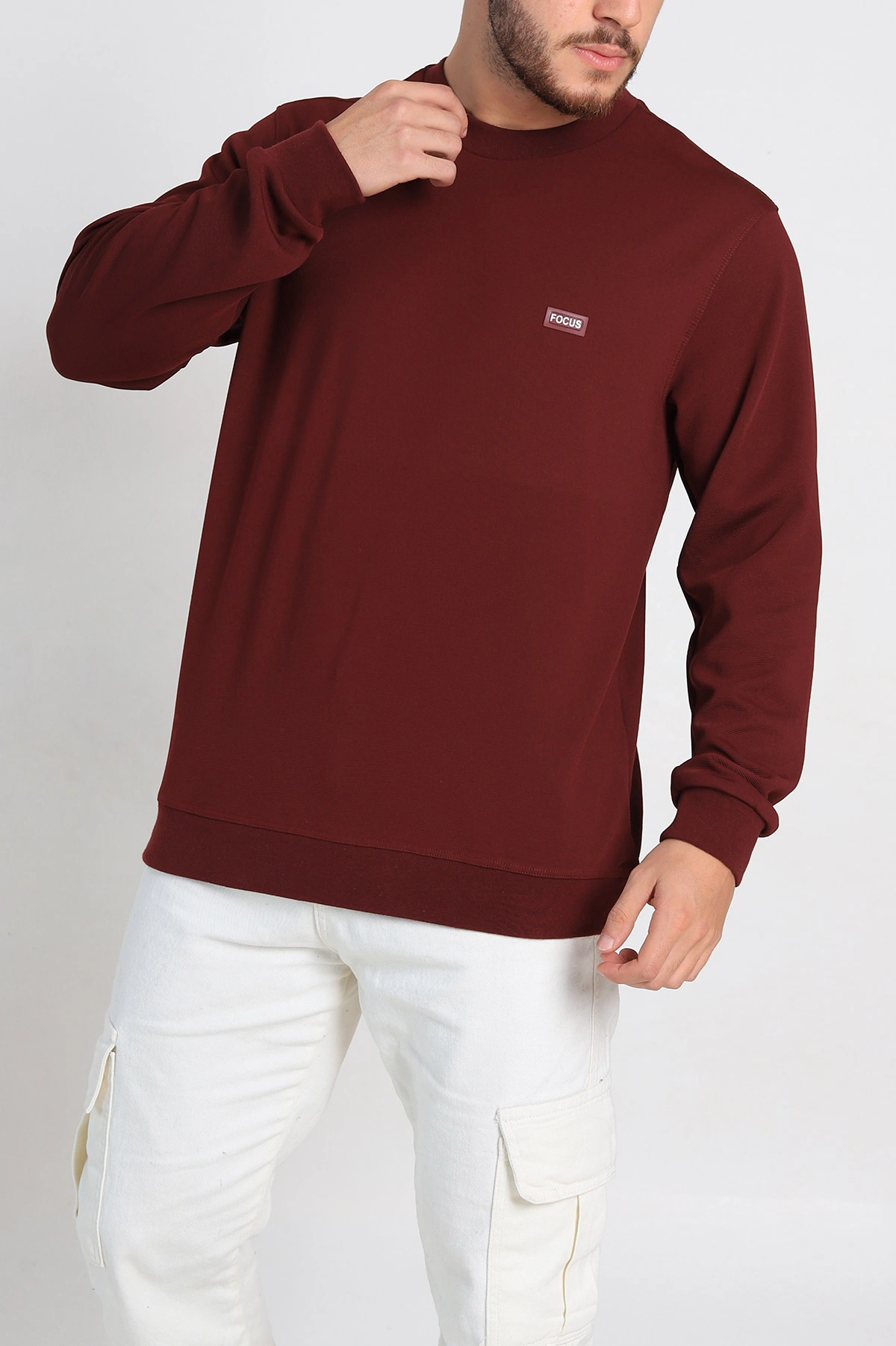 Bordo Relaxed Fit İki İp Şardonlu Yazı Detay Likralı Erkek Sweatshirt 311197