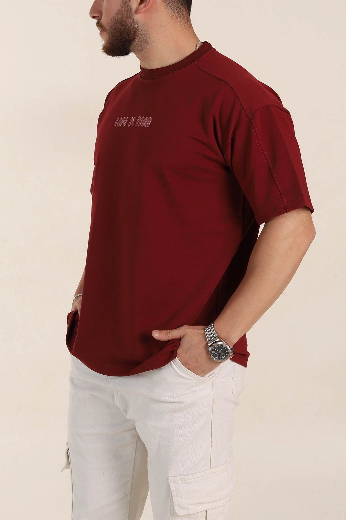 Bordo Relaxed Fit İnterlok Kumaş Yazı Detaylı Erkek Tişört 359313