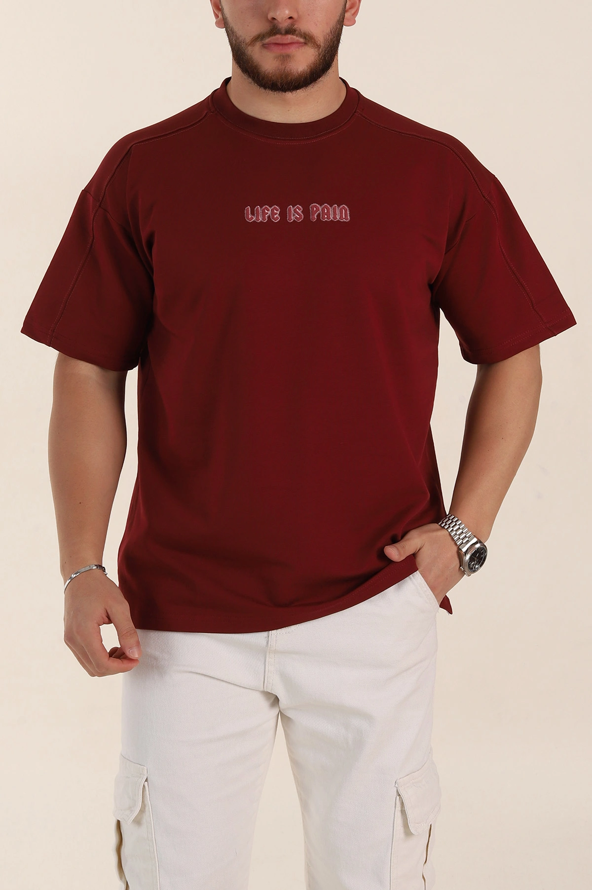 Bordo Relaxed Fit İnterlok Kumaş Yazı Detaylı Erkek Tişört 359313